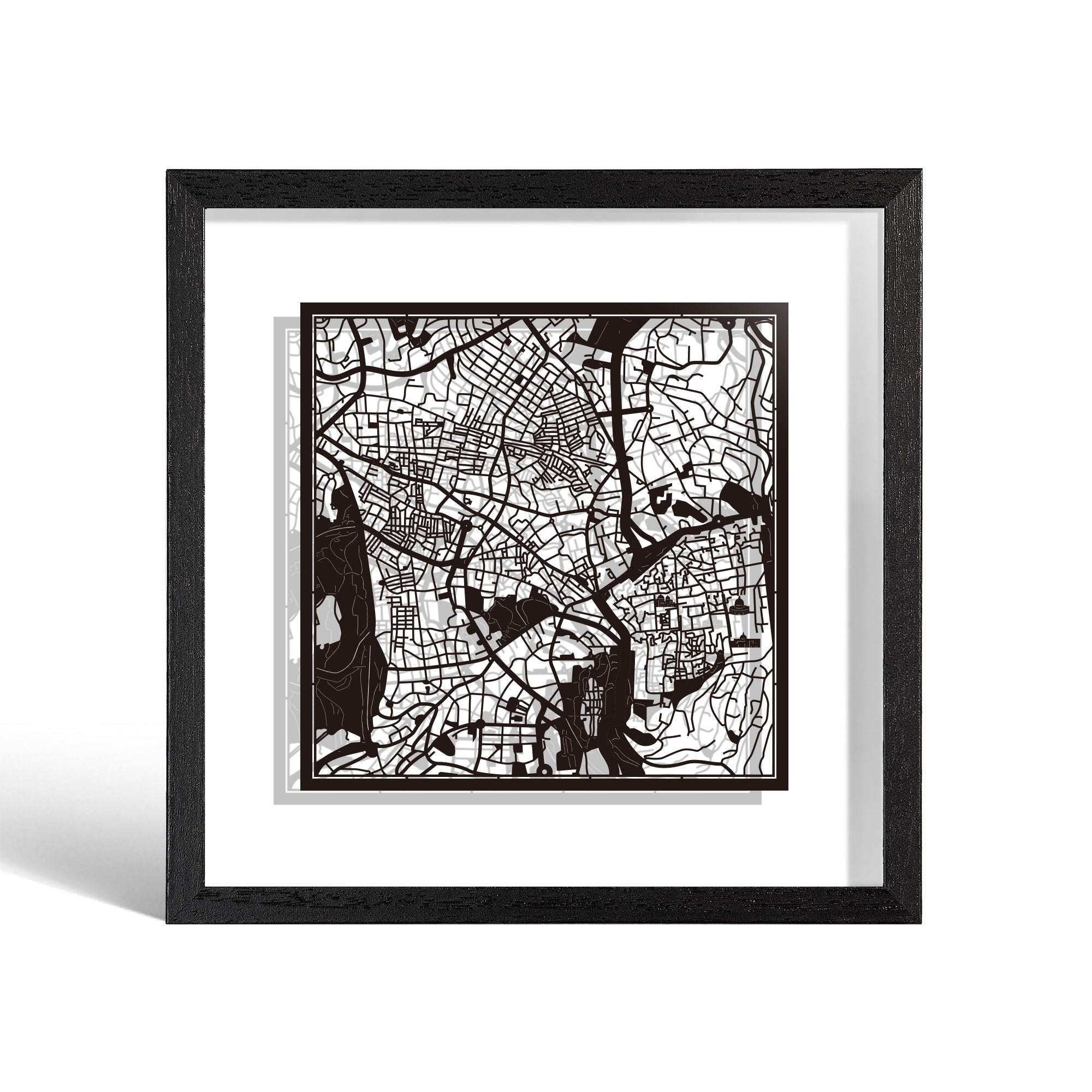 o3designstudio Jerusalem Paper cut map framed 9 inch Black map Black frame map art 22MF1016BB