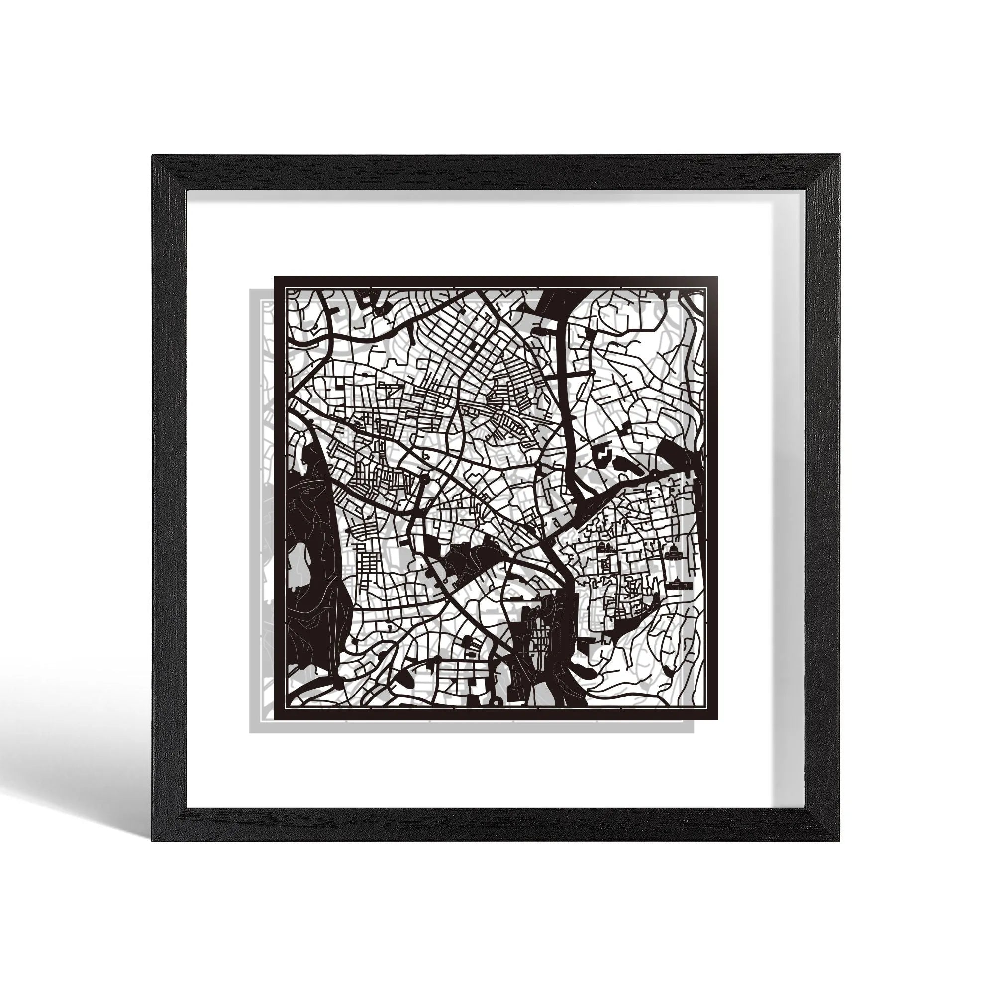 o3designstudio Jerusalem Paper cut map framed 9 inch White map Black frame map art 22MF1016BW