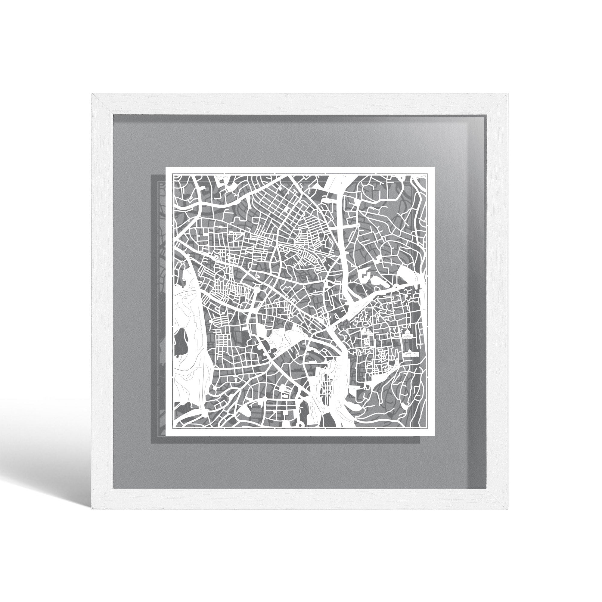 o3designstudio Jerusalem Paper cut map framed 9 inch White map White frame map art 22MF1016WW