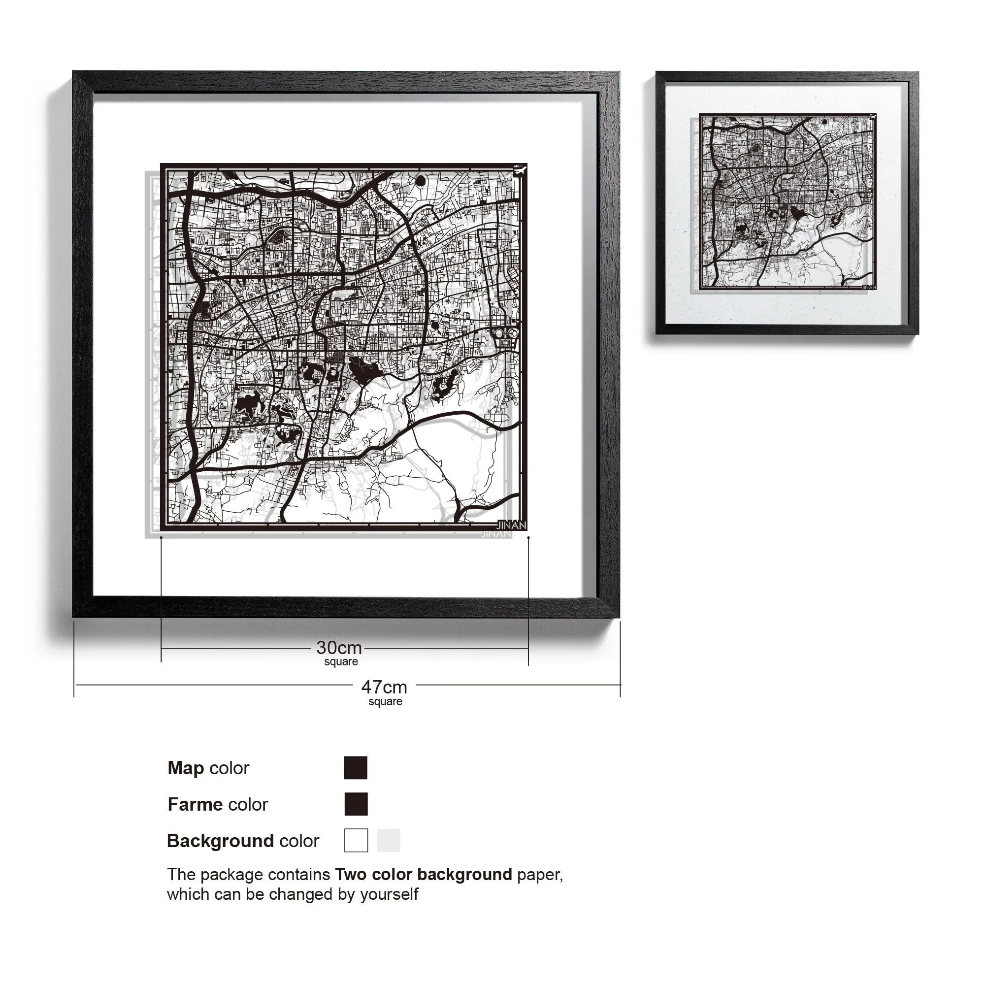 o3designstudio-Jinan-Paper-cut-map-framed-18-inch-Black map Black frame- 45MF1046BB