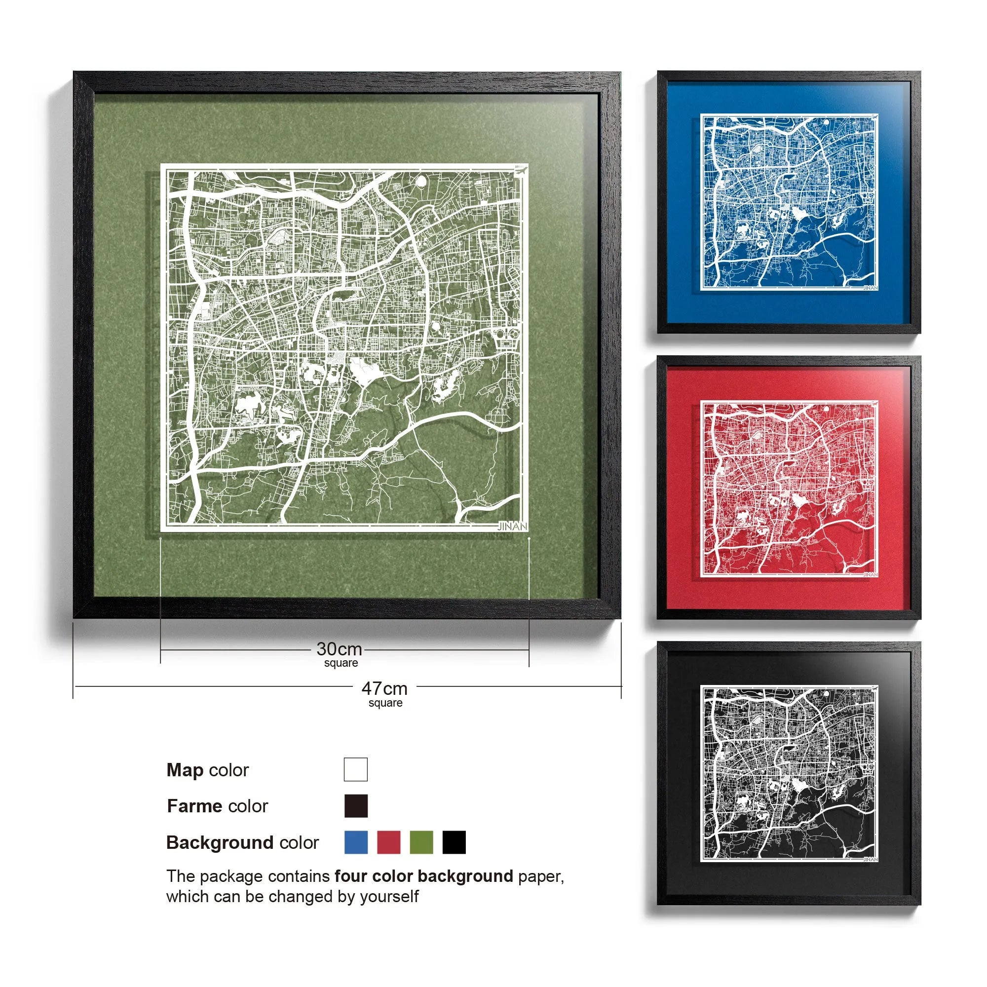 o3designstudio-Jinan-Paper-cut-map-framed-18-inch-White map Black frame- 45MF1046BW