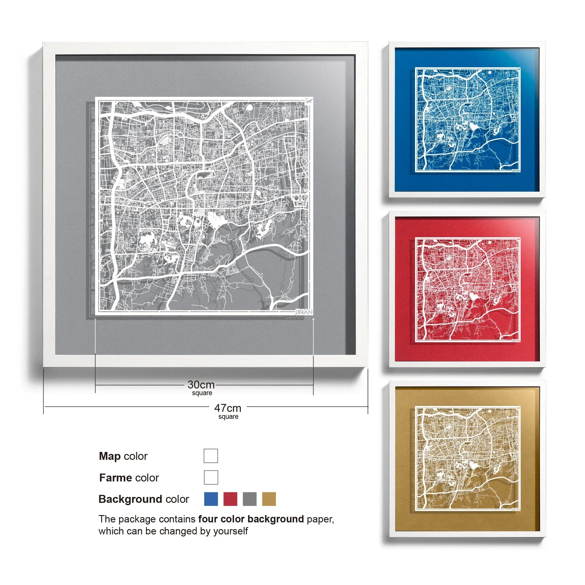 o3designstudio-Jinan-Paper-cut-map-framed-18-inch-White map White frame- 45MF1046WW