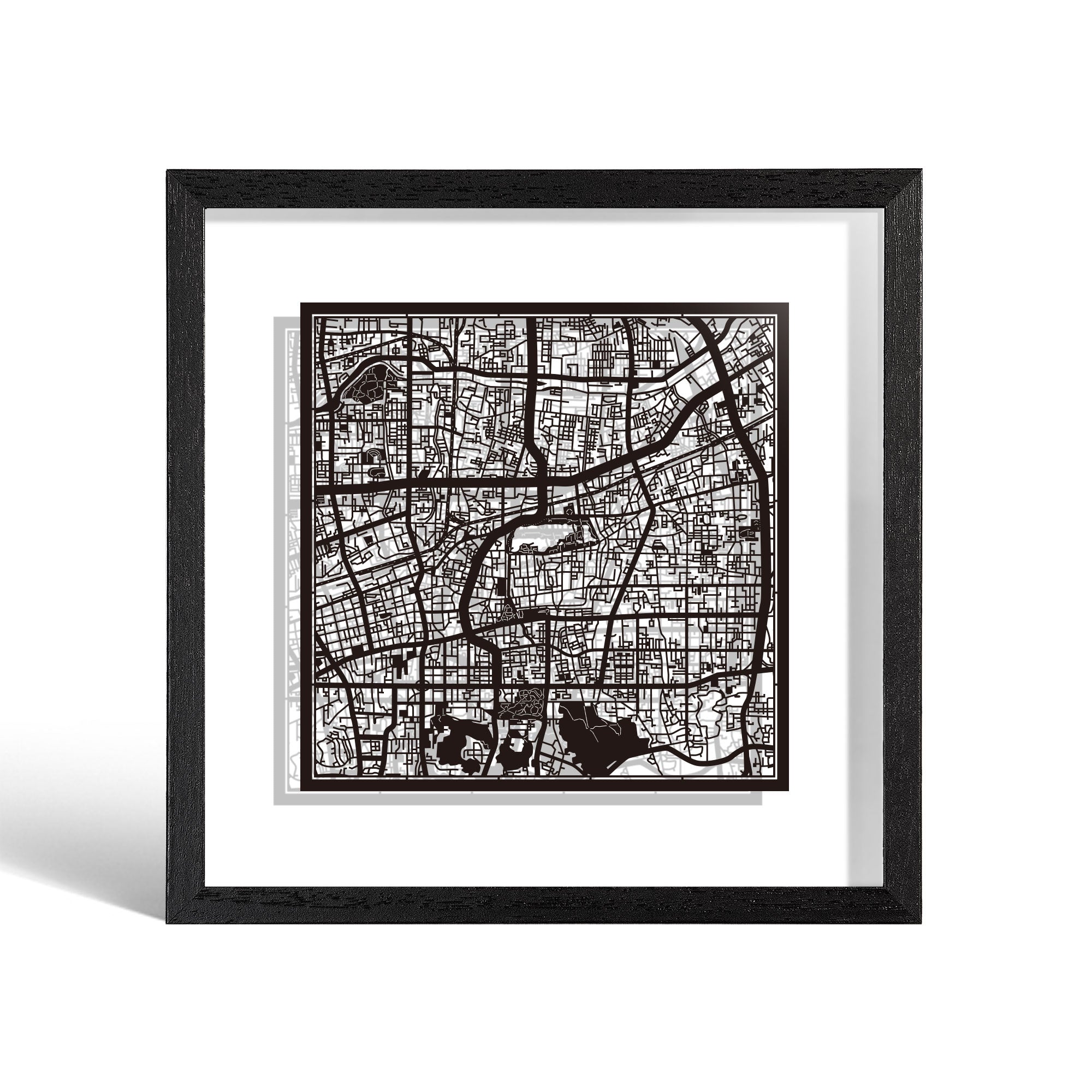 o3designstudio Jinan Paper cut map framed 9 inch Black map Black frame map art 22MF1046BB