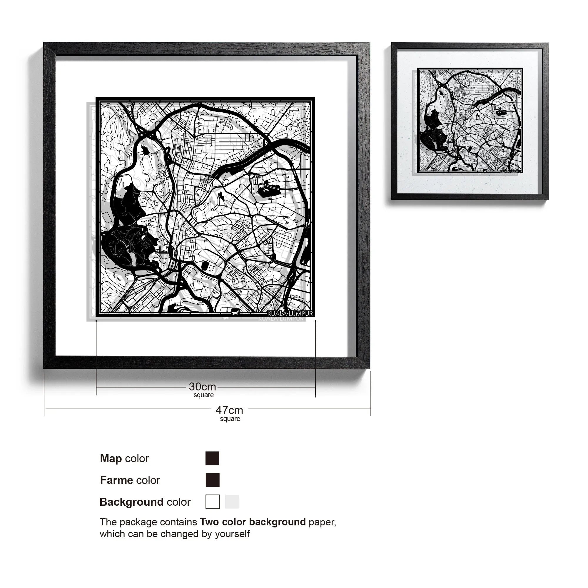 o3designstudio-Kuala Lumpur-Paper-cut-map-framed-18-inch-Black map / Black frame-45MF1017BB