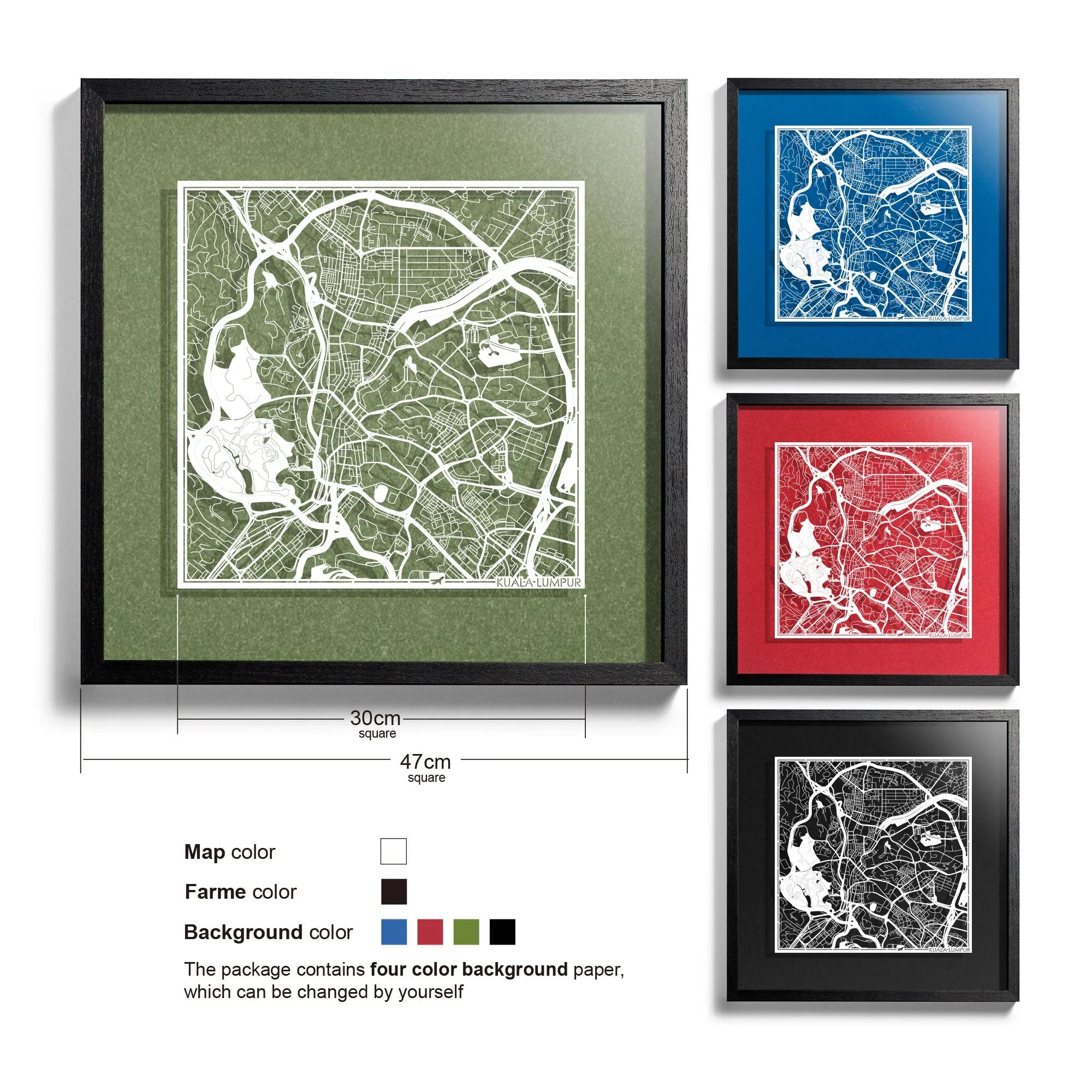 o3designstudio-Kuala Lumpur-Paper-cut-map-framed-18-inch-White map / Black frame-45MF1017BW