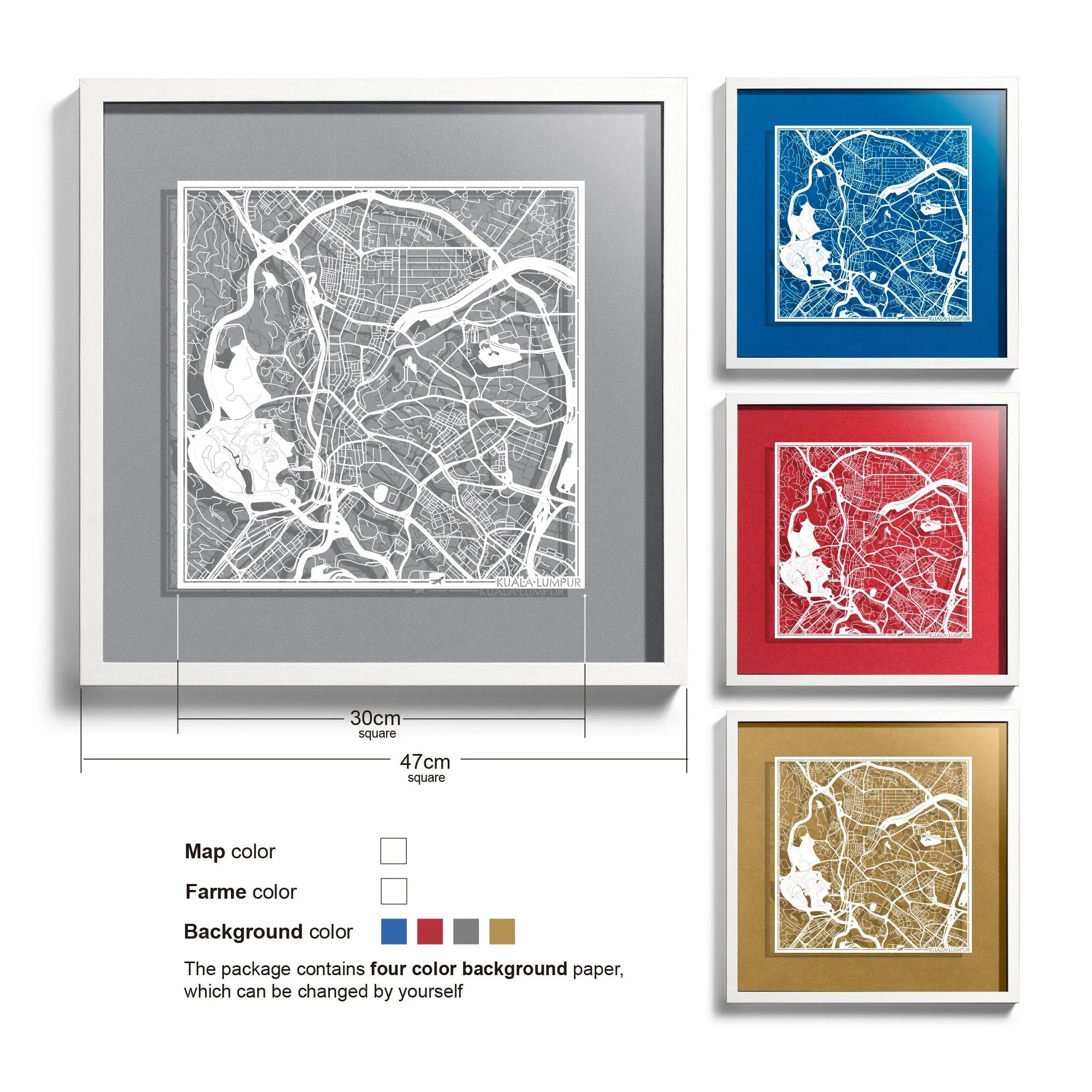 o3designstudio-Kuala Lumpur-Paper-cut-map-framed-18-inch-White map / White frame-45MF1017WW