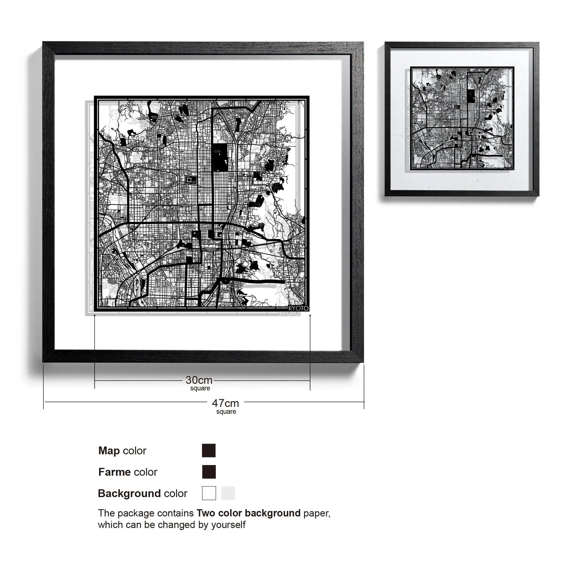 o3designstudio-Kyoto-Paper-cut-map-framed-18-inch-Black map Black frame- 45MF1020BB