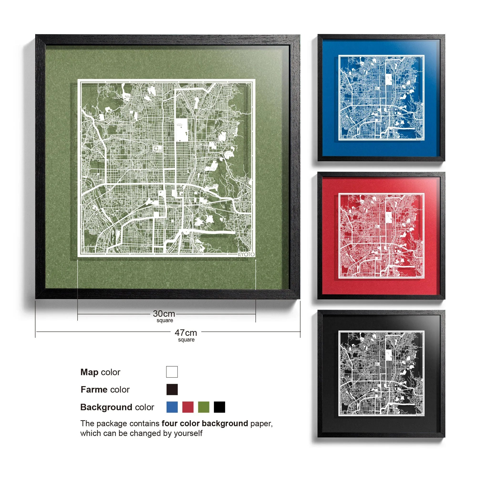 o3designstudio-Kyoto-Paper-cut-map-framed-18-inch-White map Black frame- 45MF1020BW