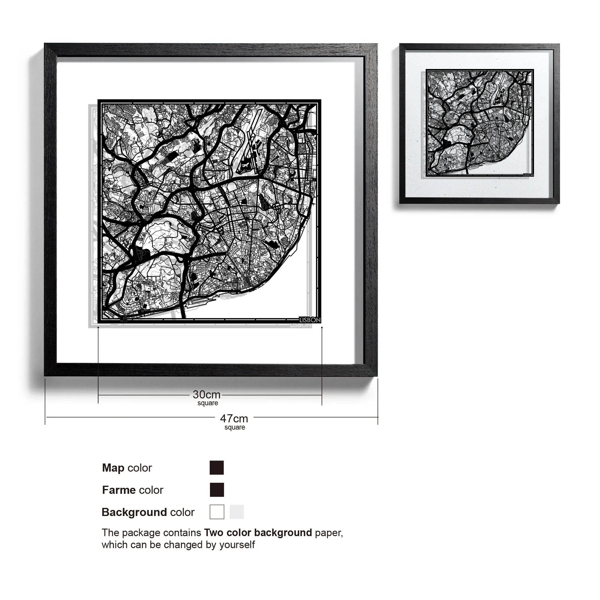 o3designstudio-Lisbon-Paper-cut-map-framed-18-inch-Black map / Black frame-45MF3028BB