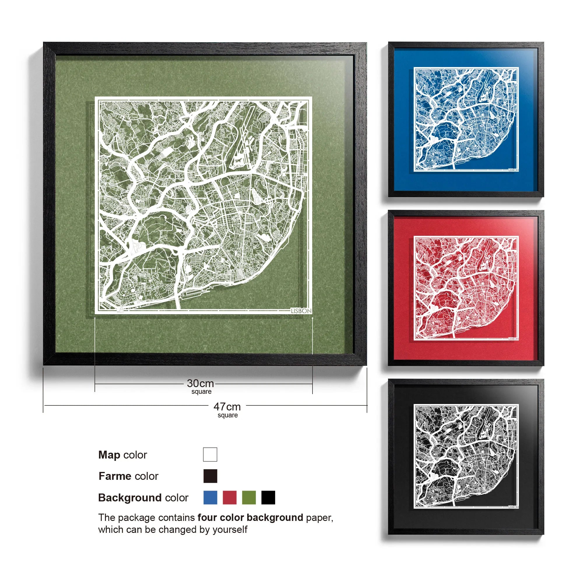 o3designstudio-Lisbon-Paper-cut-map-framed-18-inch-White map / Black frame-45MF3028BW