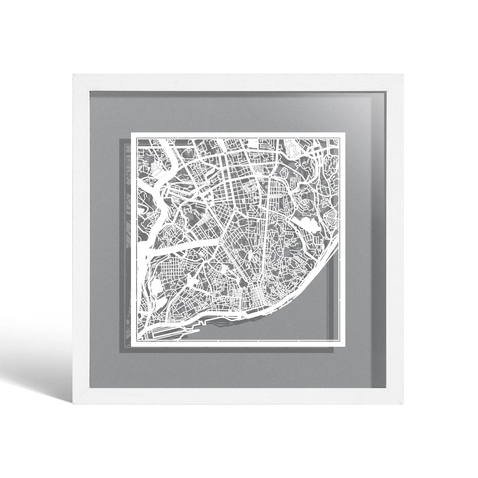 o3designstudio Lisbon Paper cut map framed 9 inch White map White frame map art 22MF3028WW