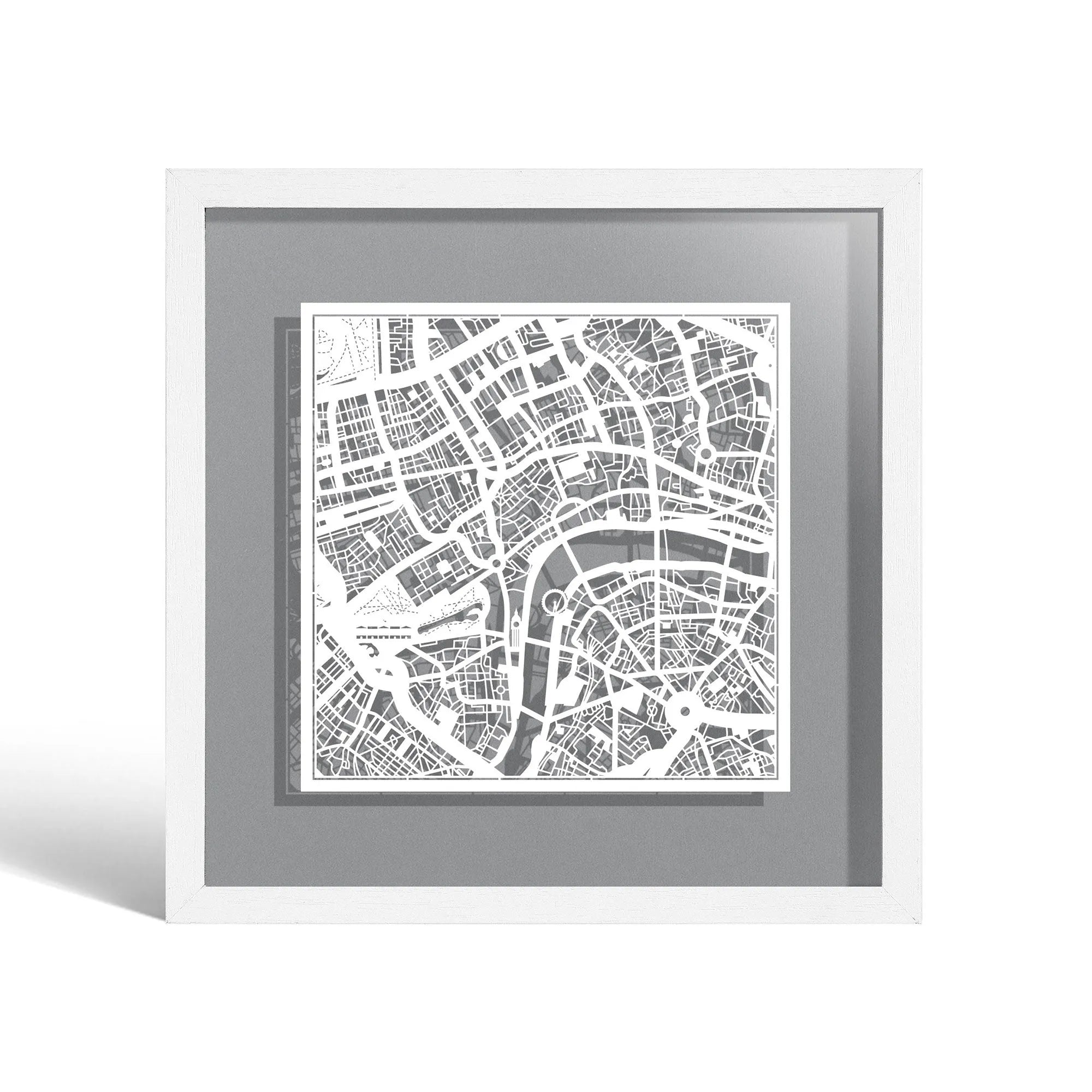 o3designstudio London Paper cut map framed 9 inch White map White frame map art 22MF3001WW