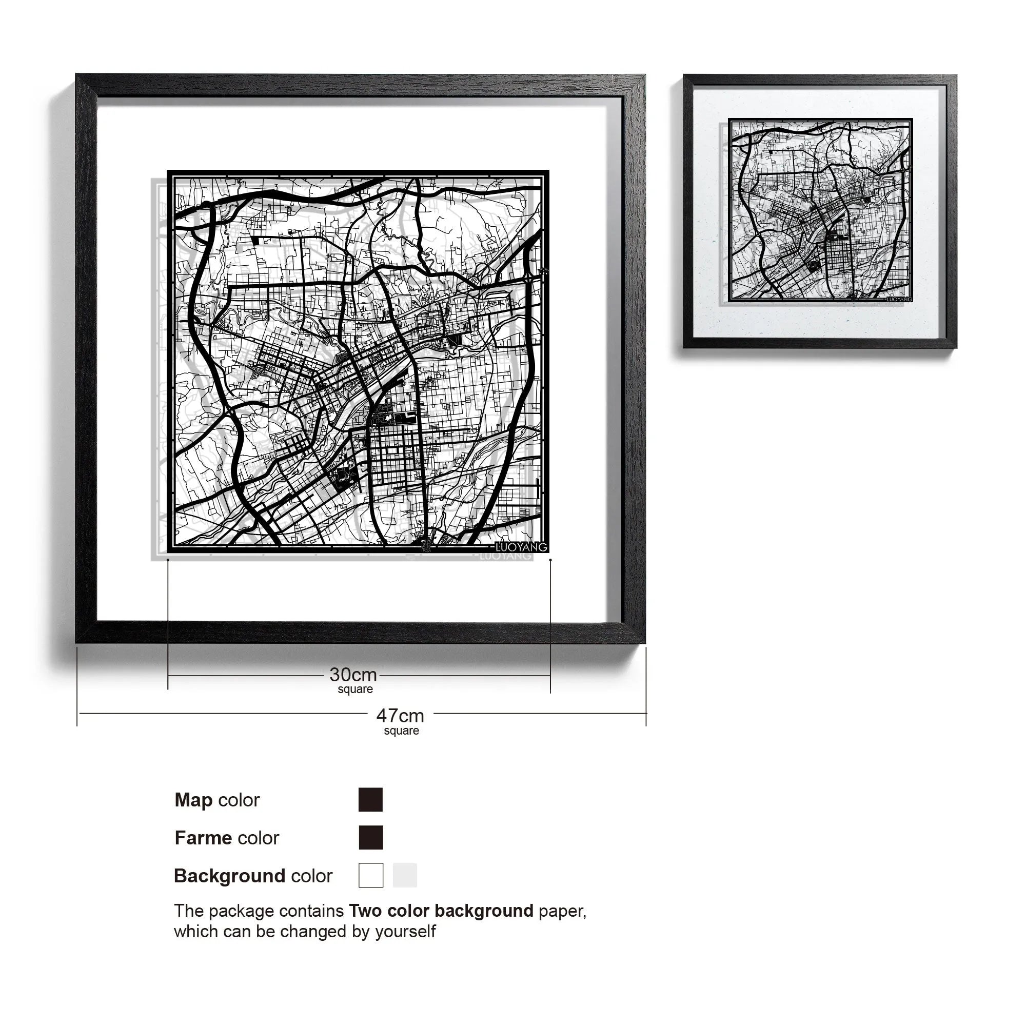o3designstudio-Luoyang-Paper-cut-map-framed-18-inch-Black map Black frame- 45MF1033BB