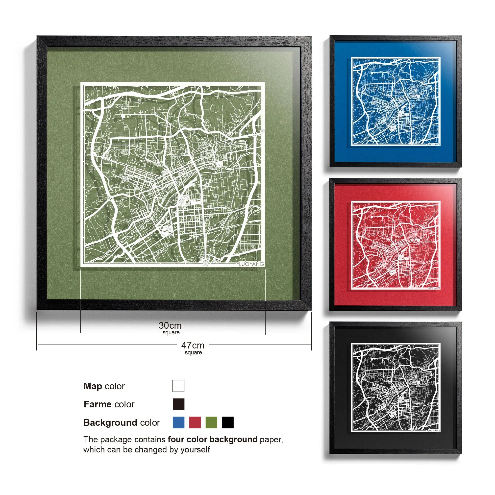 o3designstudio-Luoyang-Paper-cut-map-framed-18-inch-White map Black frame- 45MF1033BW