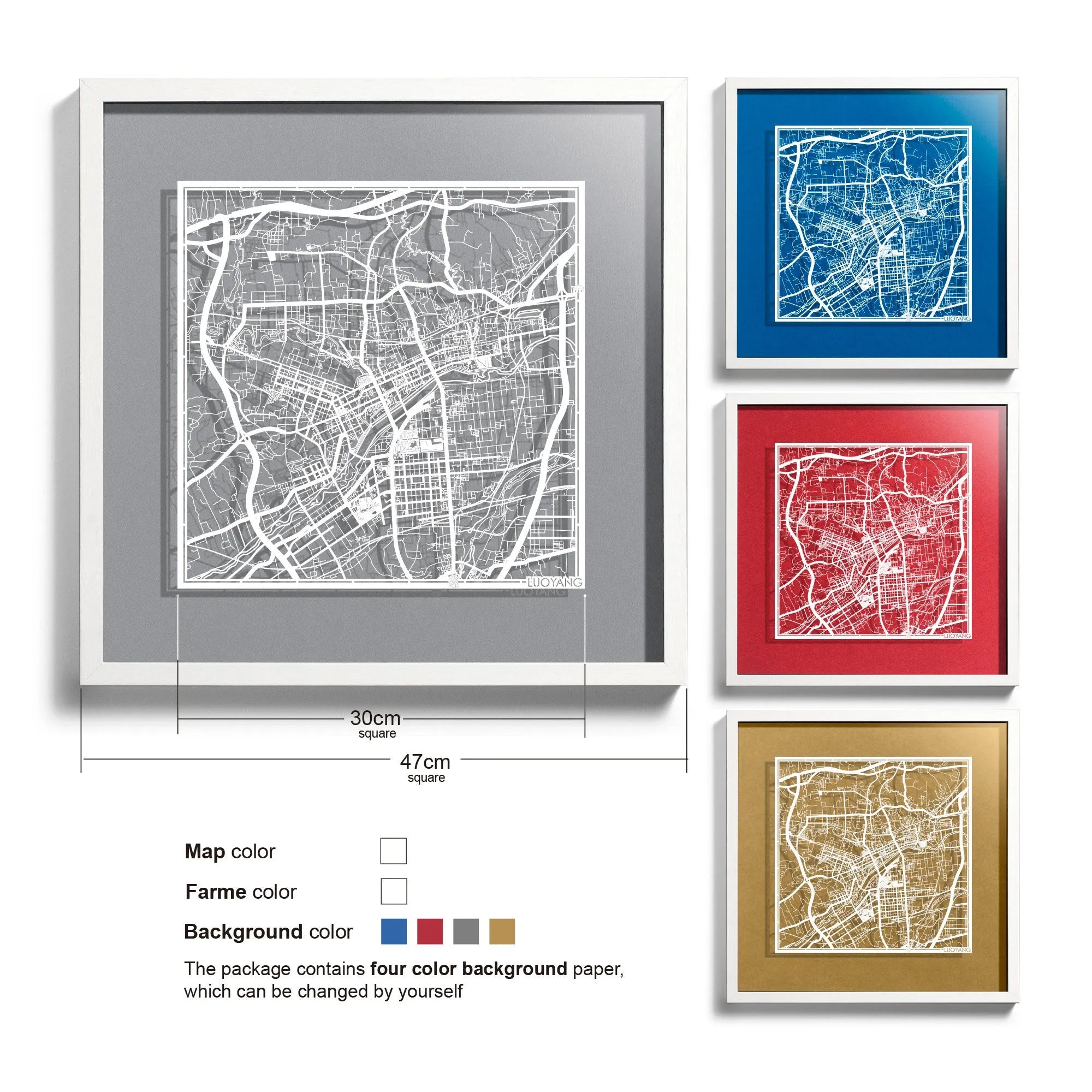 o3designstudio-Luoyang-Paper-cut-map-framed-18-inch-White map White frame- 45MF1033WW