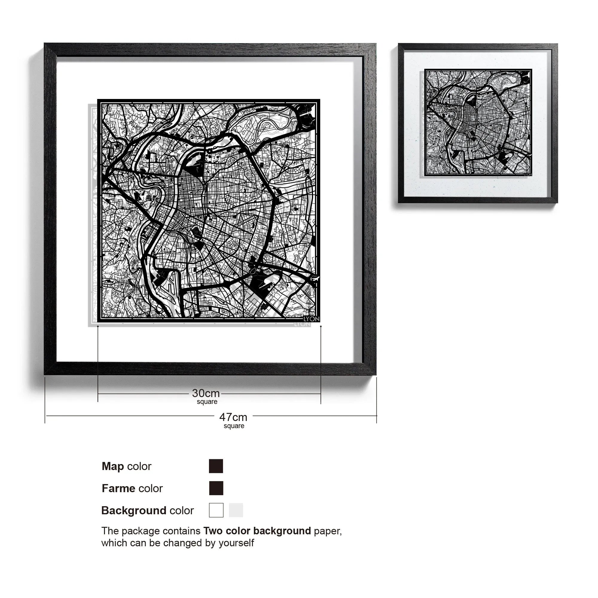 o3designstudio Lyon-Paper-cut-map-framed-18-inch-45MF3029BB