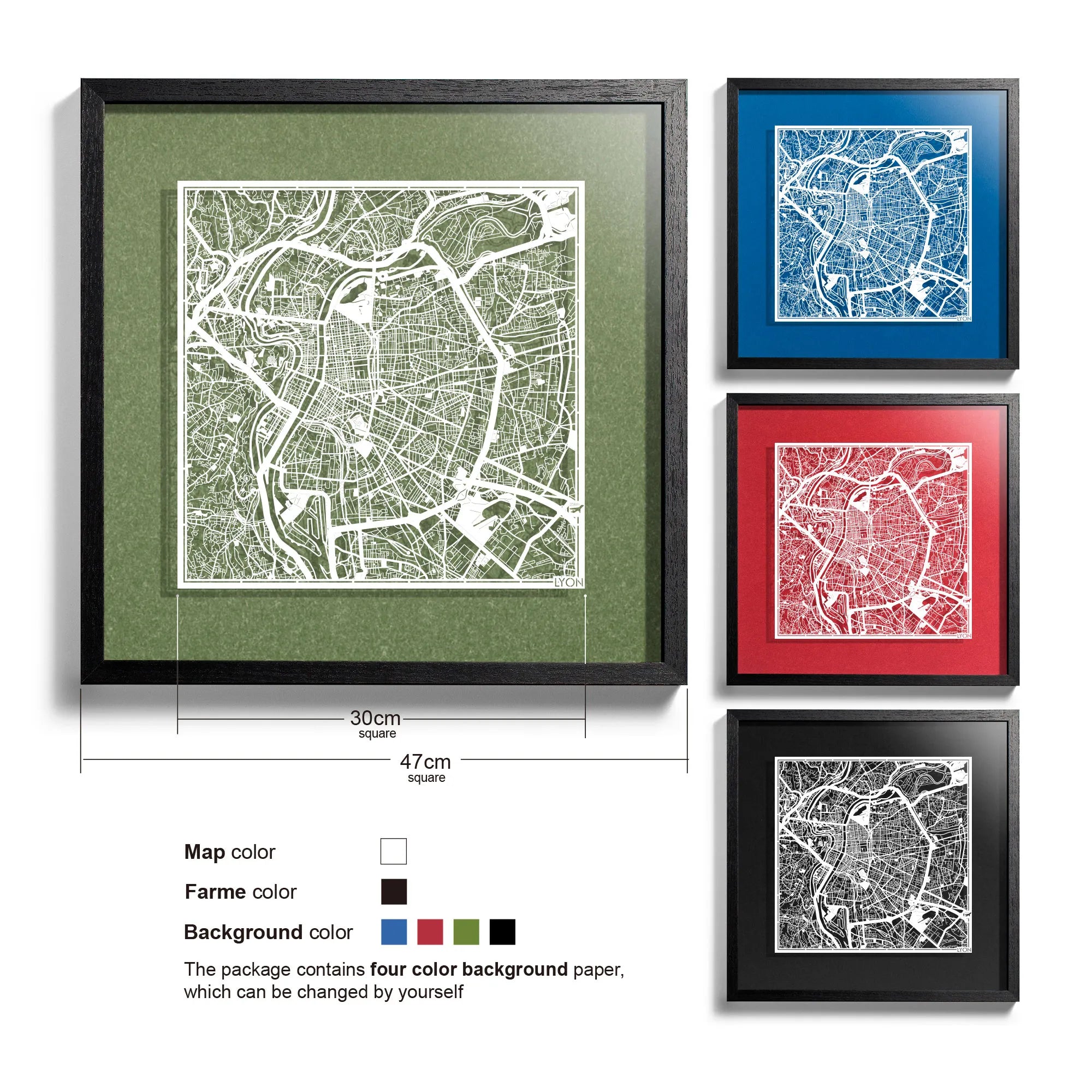o3designstudio Lyon-Paper-cut-map-framed-18-inch-45MF3029BW
