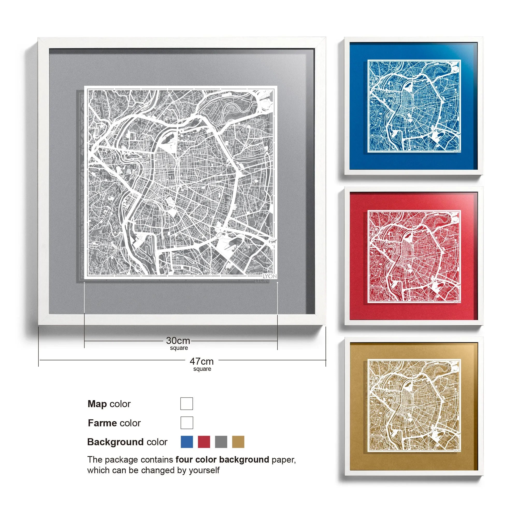 o3designstudio Lyon-Paper-cut-map-framed-18-inch-45MF3029WW