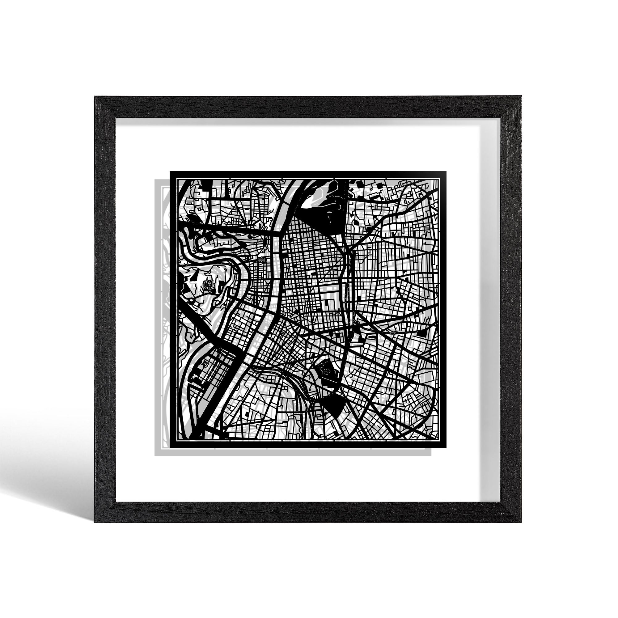 o3designstudio Lyon Paper cut map framed 9 inch Black map Black frame map art 22MF3029BB