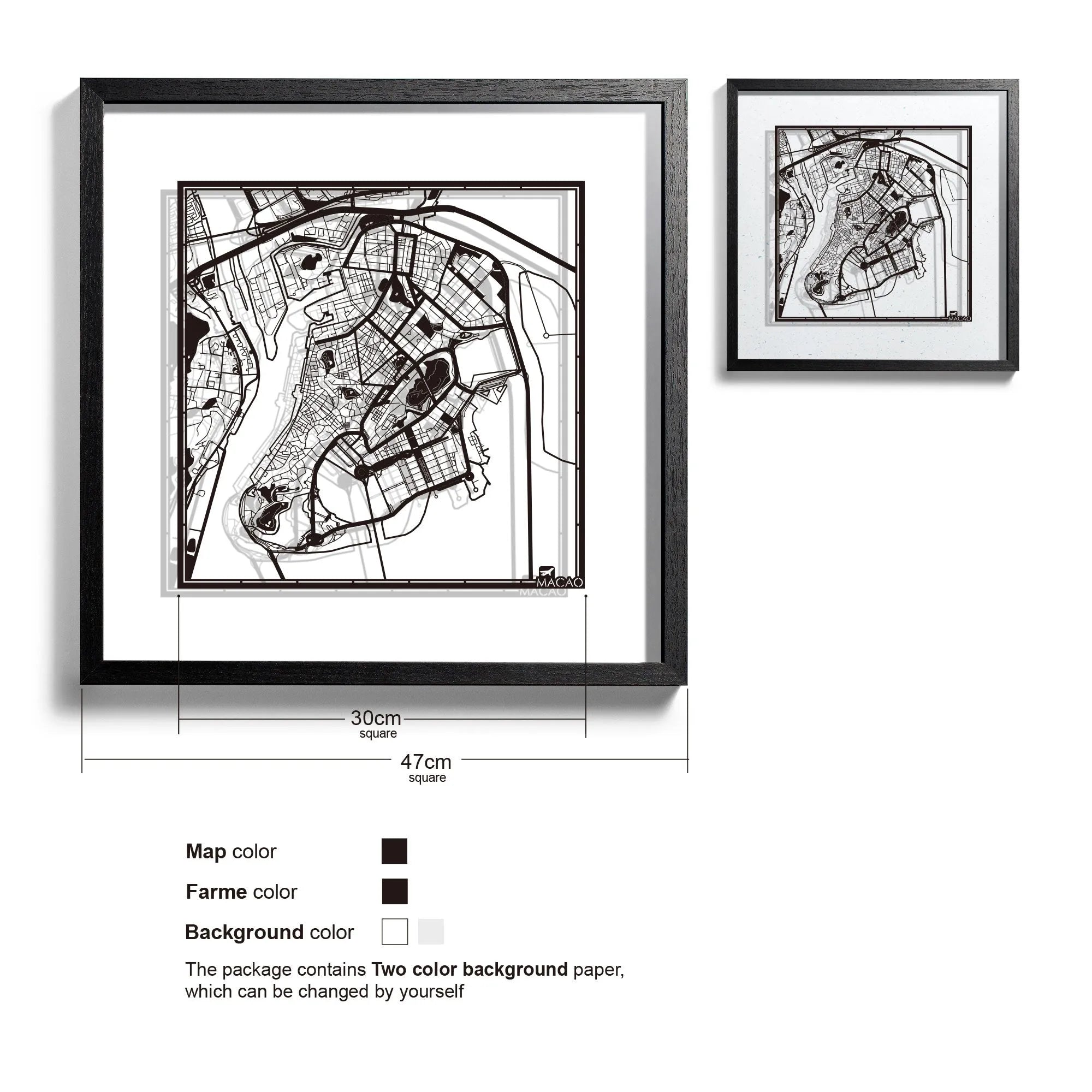 o3designstudio-Macao-Paper-cut-map-framed-18-inch-Black map Black frame- 45MF1042BB