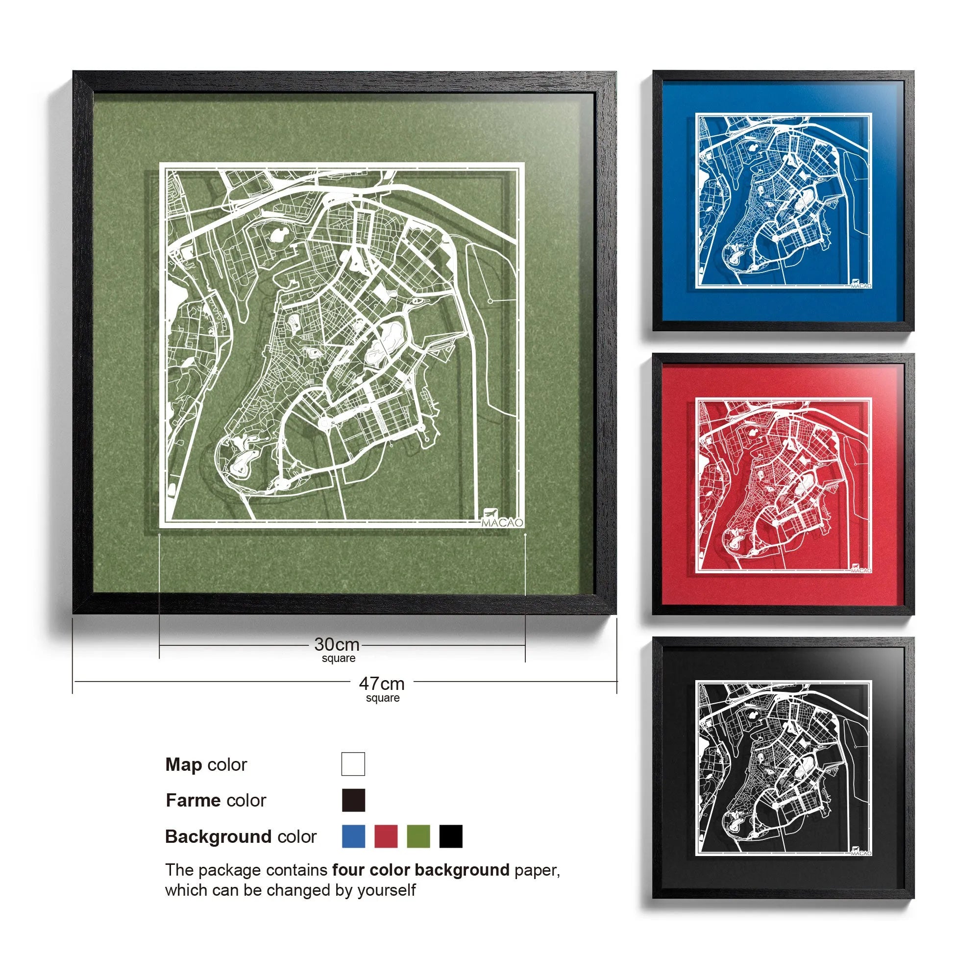 o3designstudio-Macao-Paper-cut-map-framed-18-inch-White map Black frame- 45MF1042BW