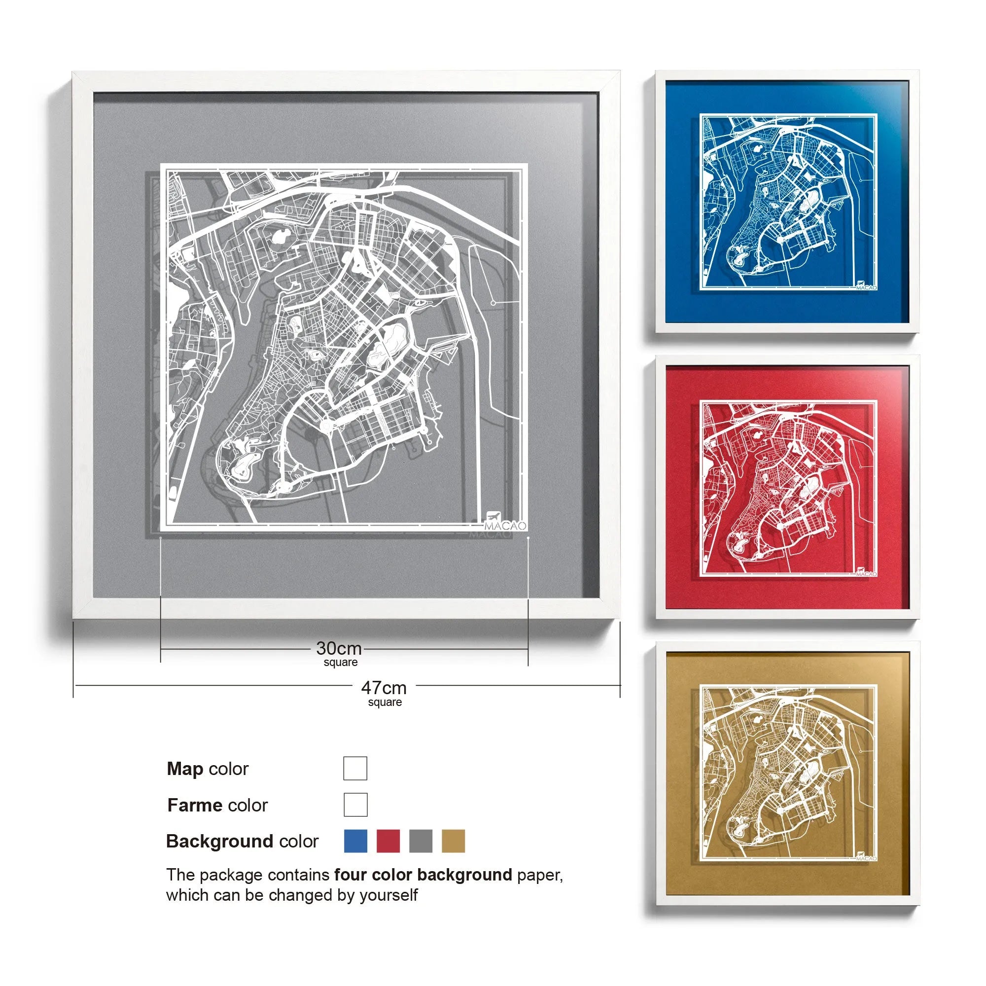 o3designstudio-Macao-Paper-cut-map-framed-18-inch-White map White frame- 45MF1042WW