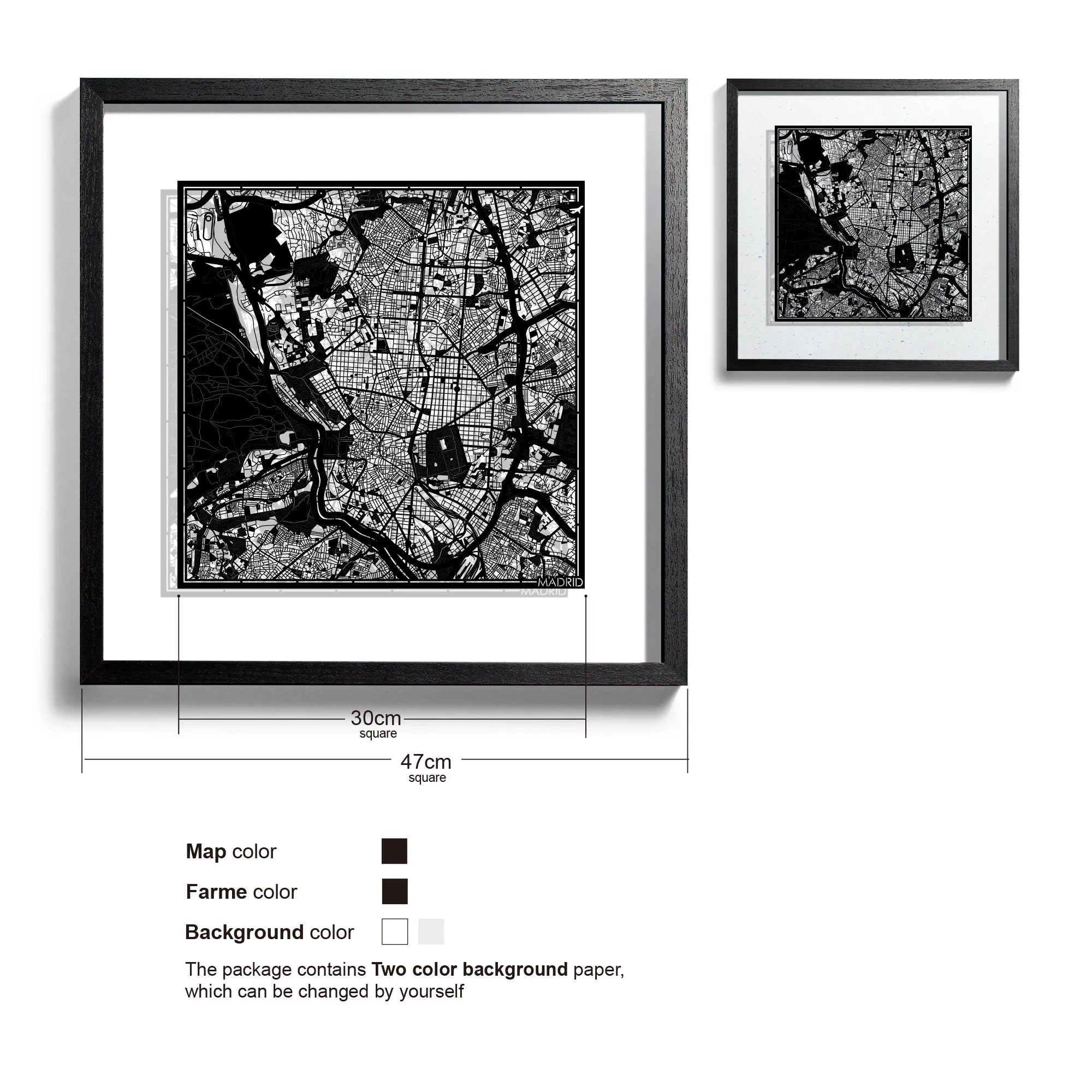 o3designstudio-Madrid-Paper-cut-map-framed-18-inch-Black map / Black frame-45MF3011BB