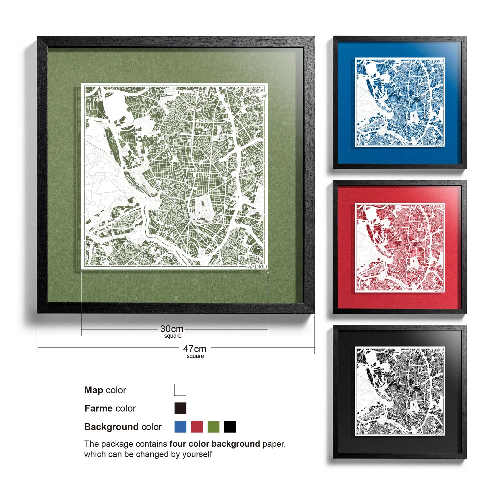 o3designstudio-Madrid-Paper-cut-map-framed-18-inch-White map / Black frame-45MF3011BW