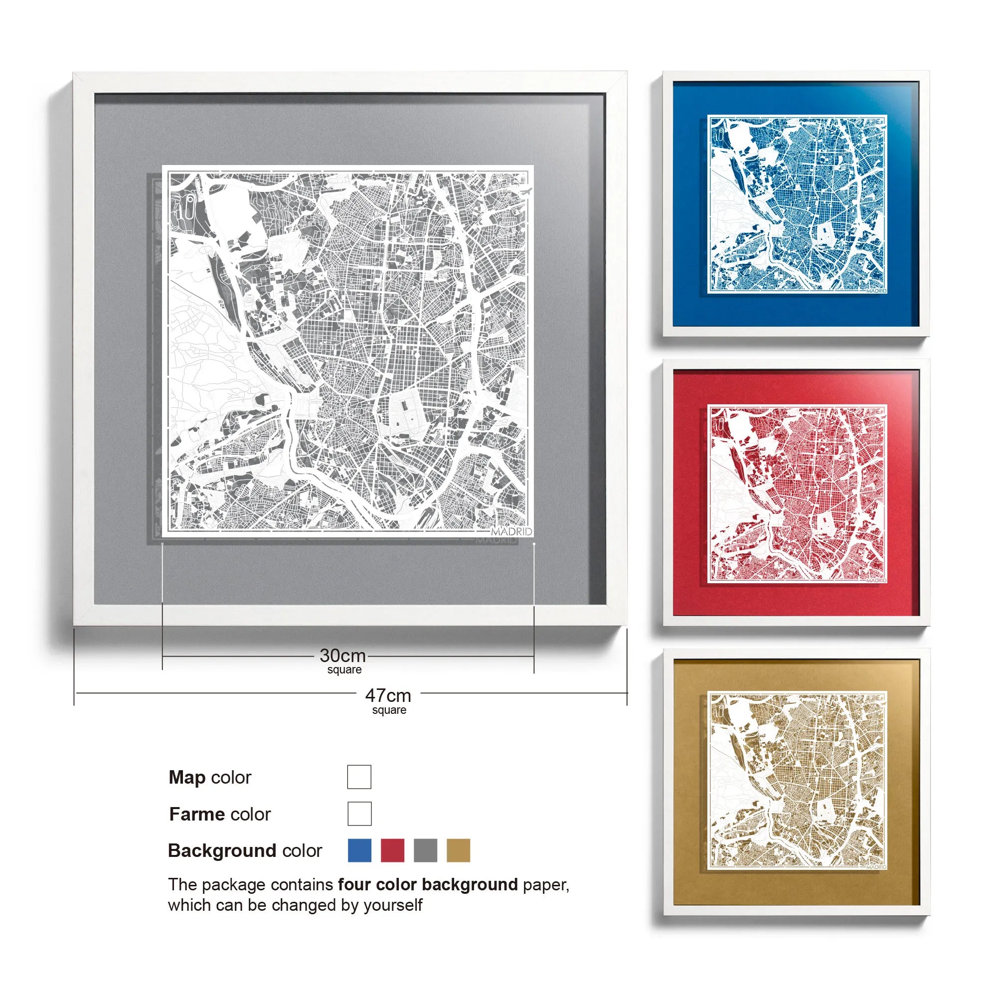 o3designstudio-Madrid-Paper-cut-map-framed-18-inch-White map / White frame-45MF3011WW