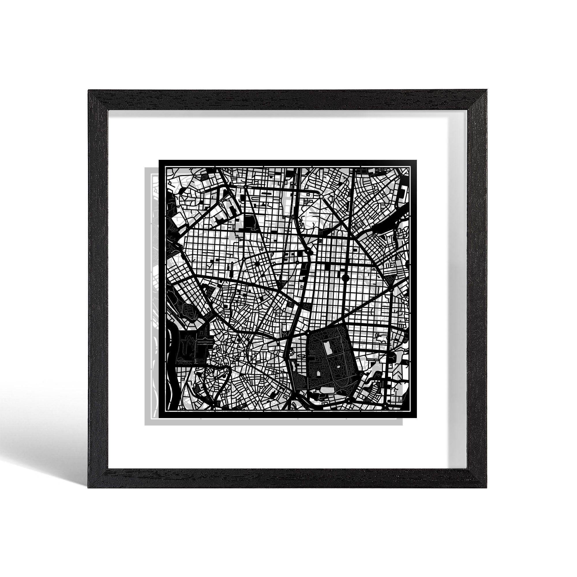 o3designstudio Madrid Paper cut map framed 9 inch Black map Black frame map art 22MF3011BB