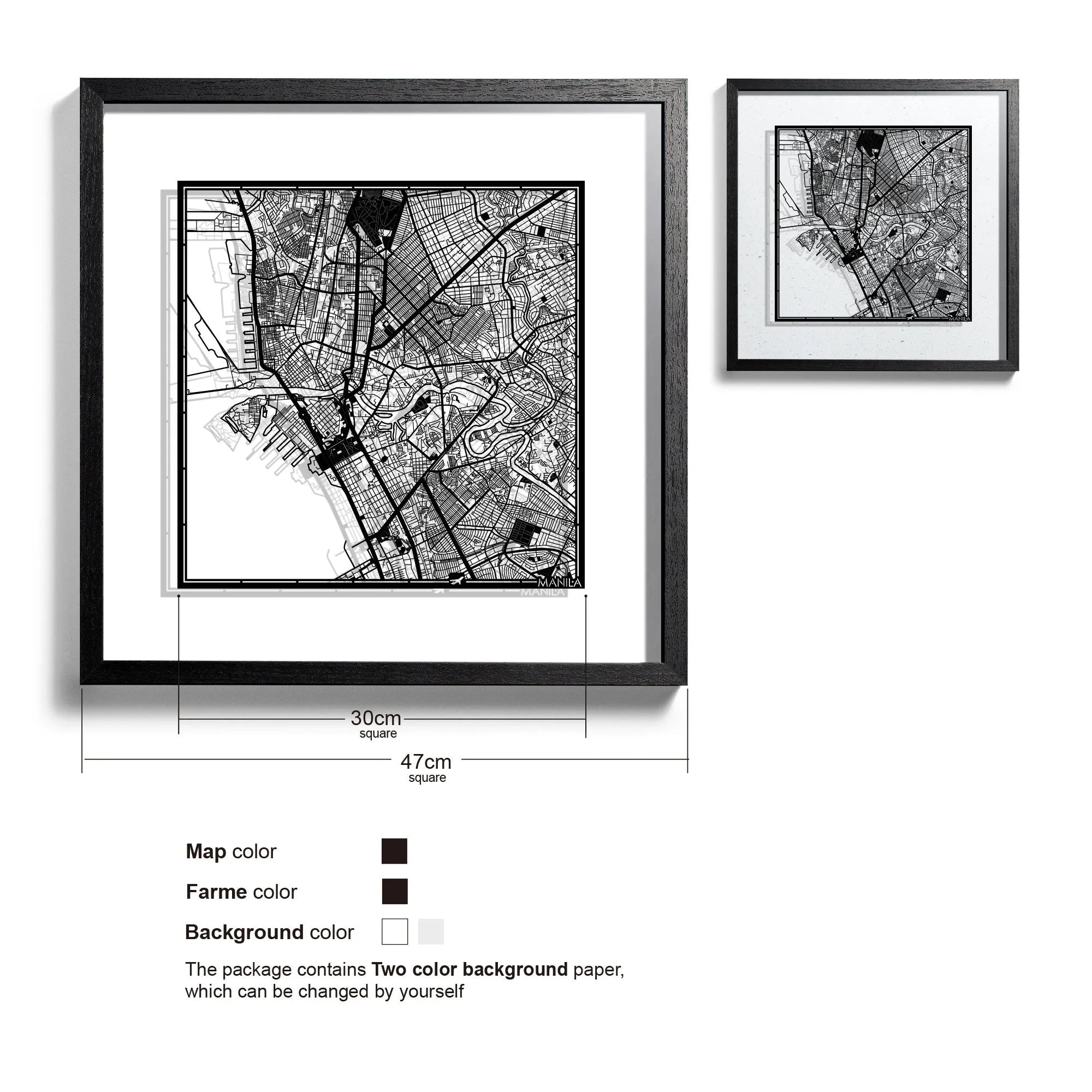 o3designstudio-Manila-Paper-cut-map-framed-18-inch-Black map / Black frame-45MF1032BB