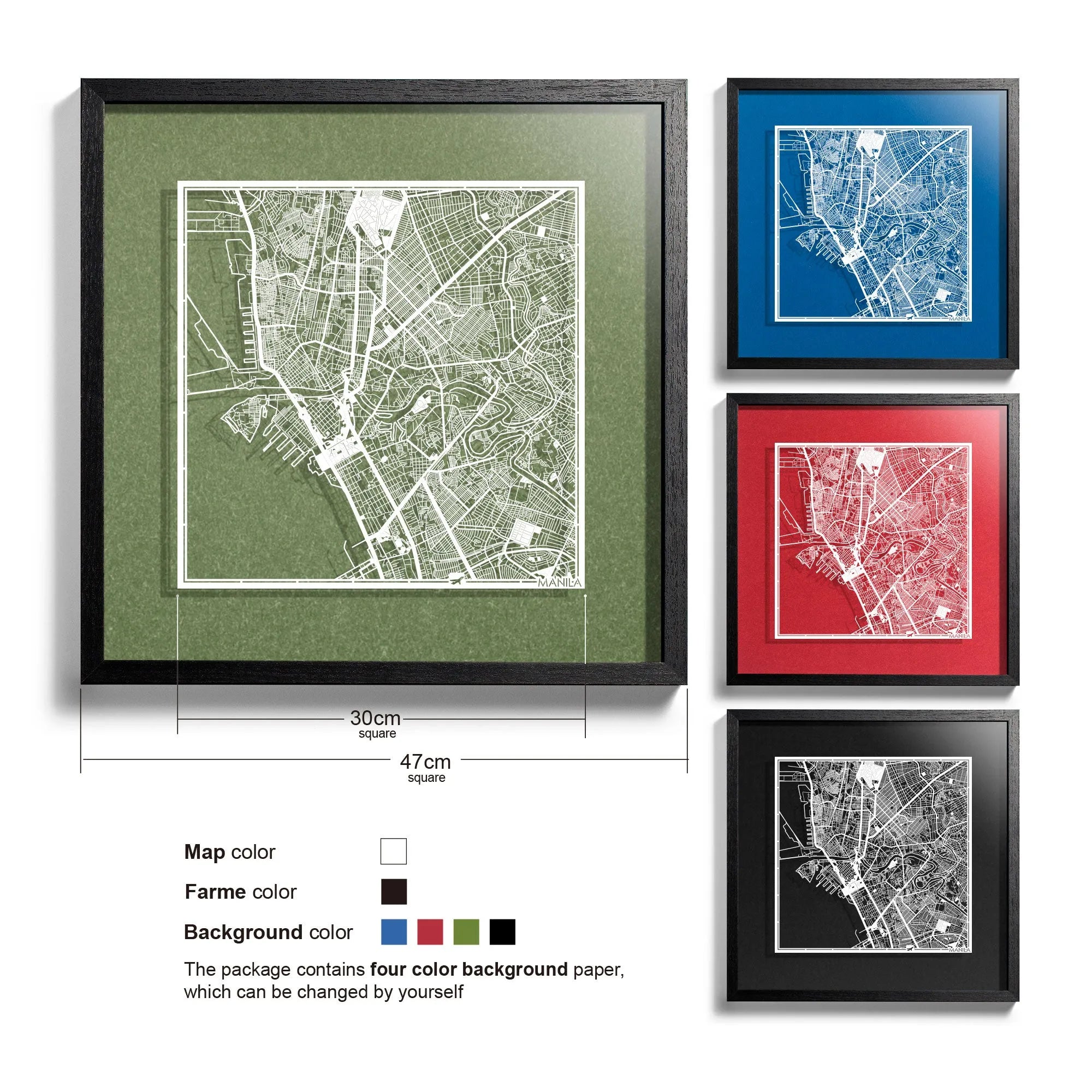 o3designstudio-Manila-Paper-cut-map-framed-18-inch-White map / Black frame-45MF1032BW