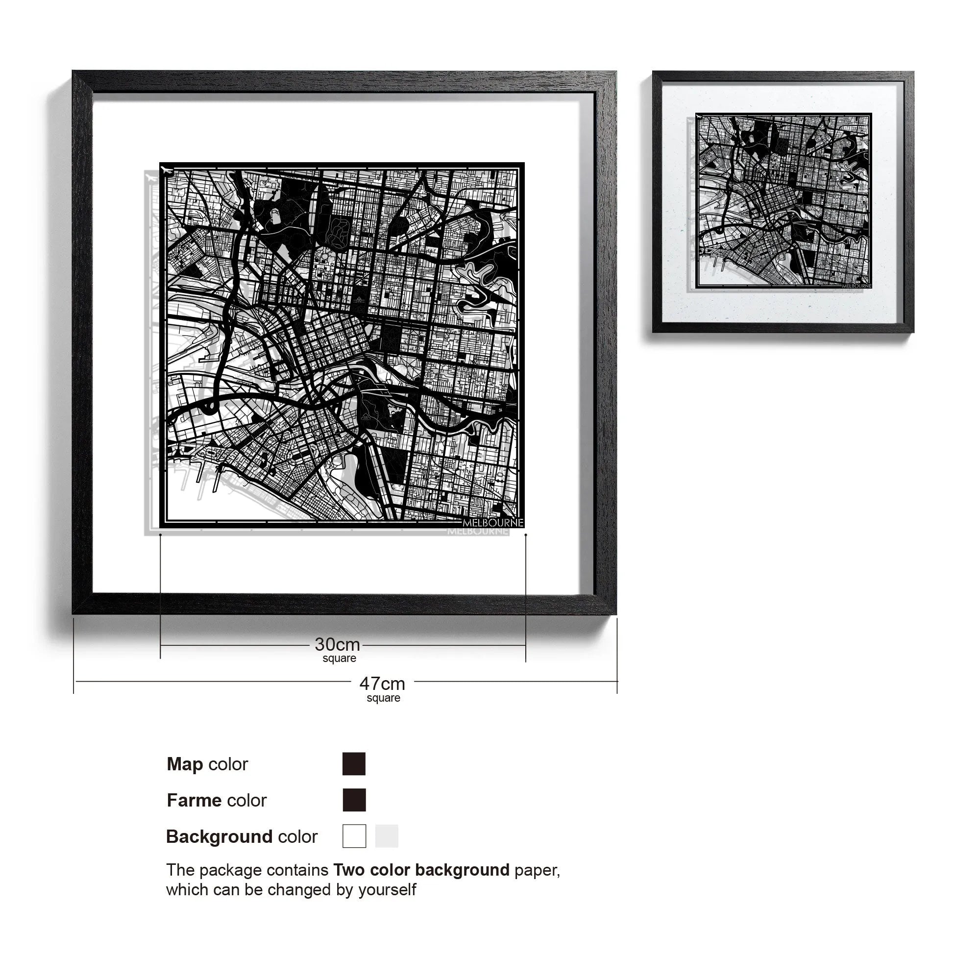 o3designstudio-Melbourne-Paper-cut-map-framed-18-inch-Black map / Black frame-45MF1008BB
