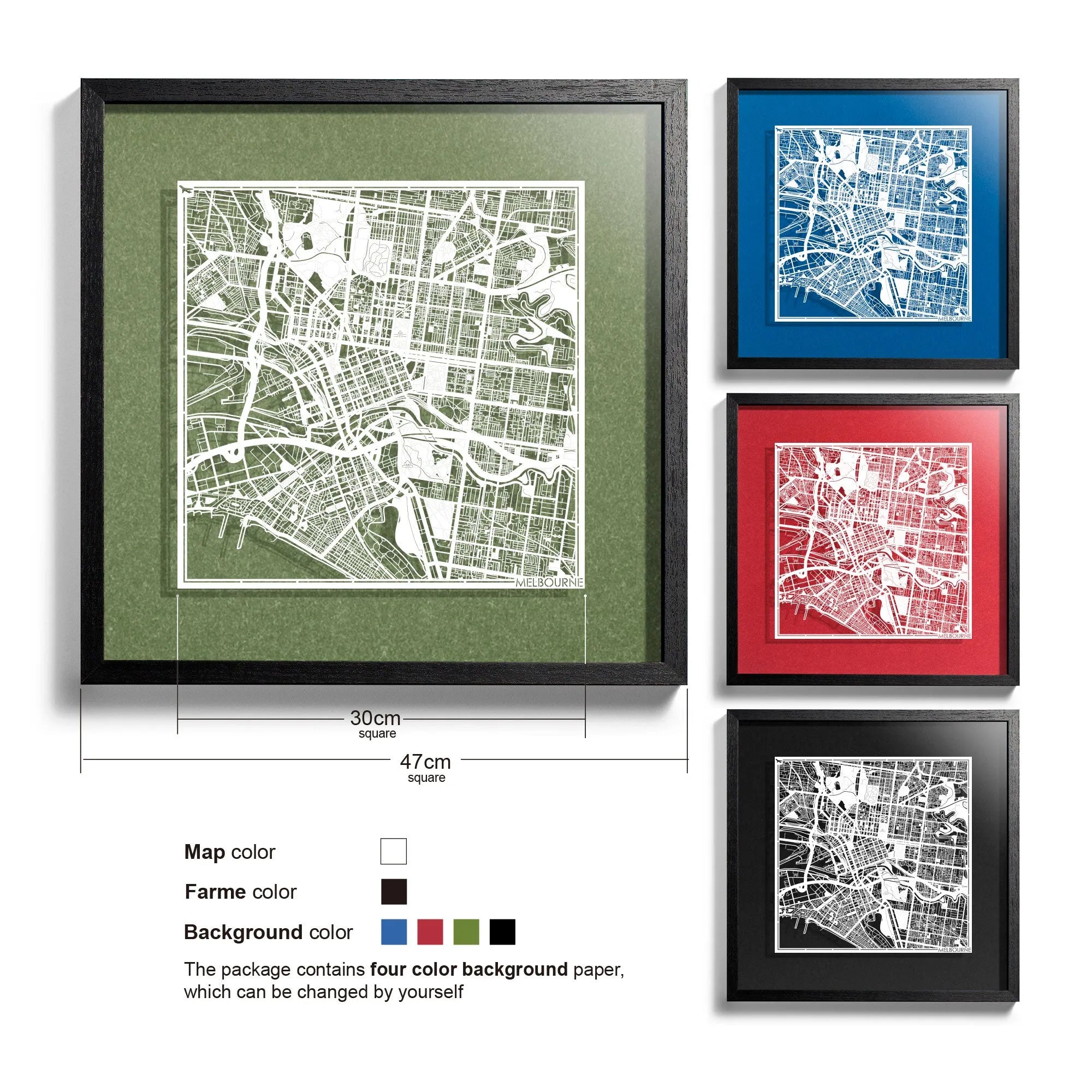 o3designstudio-Melbourne-Paper-cut-map-framed-18-inch-White map / Black frame-45MF1008BW