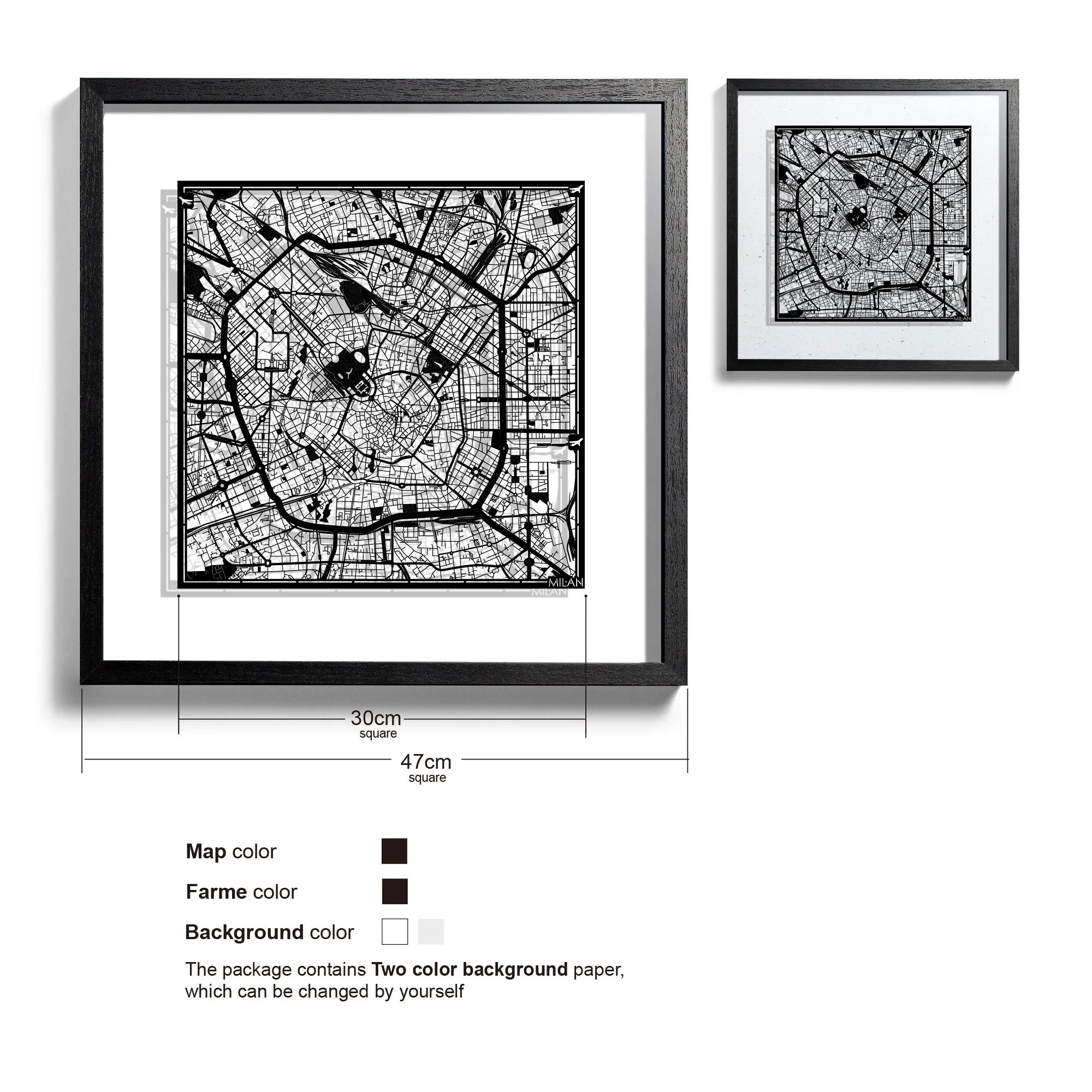 o3designstudio-Milan-Paper-cut-map-framed-18-inch-Black map / Black frame-45MF3009BB