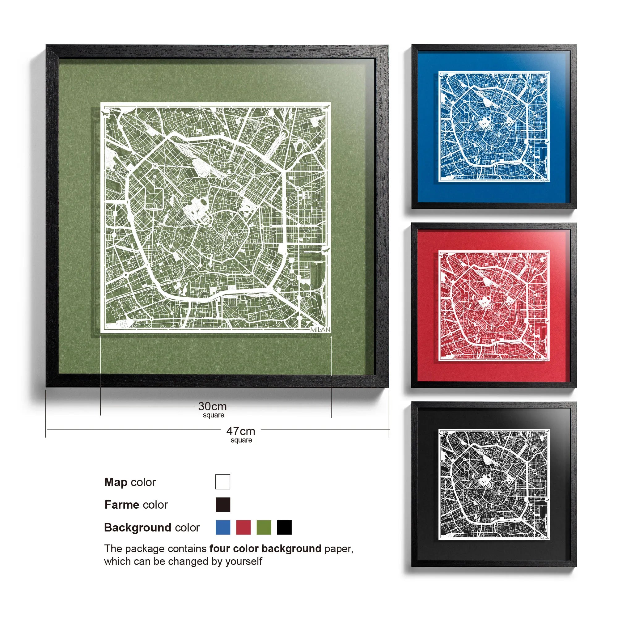 o3designstudio-Milan-Paper-cut-map-framed-18-inch-White map / Black frame-45MF3009BW