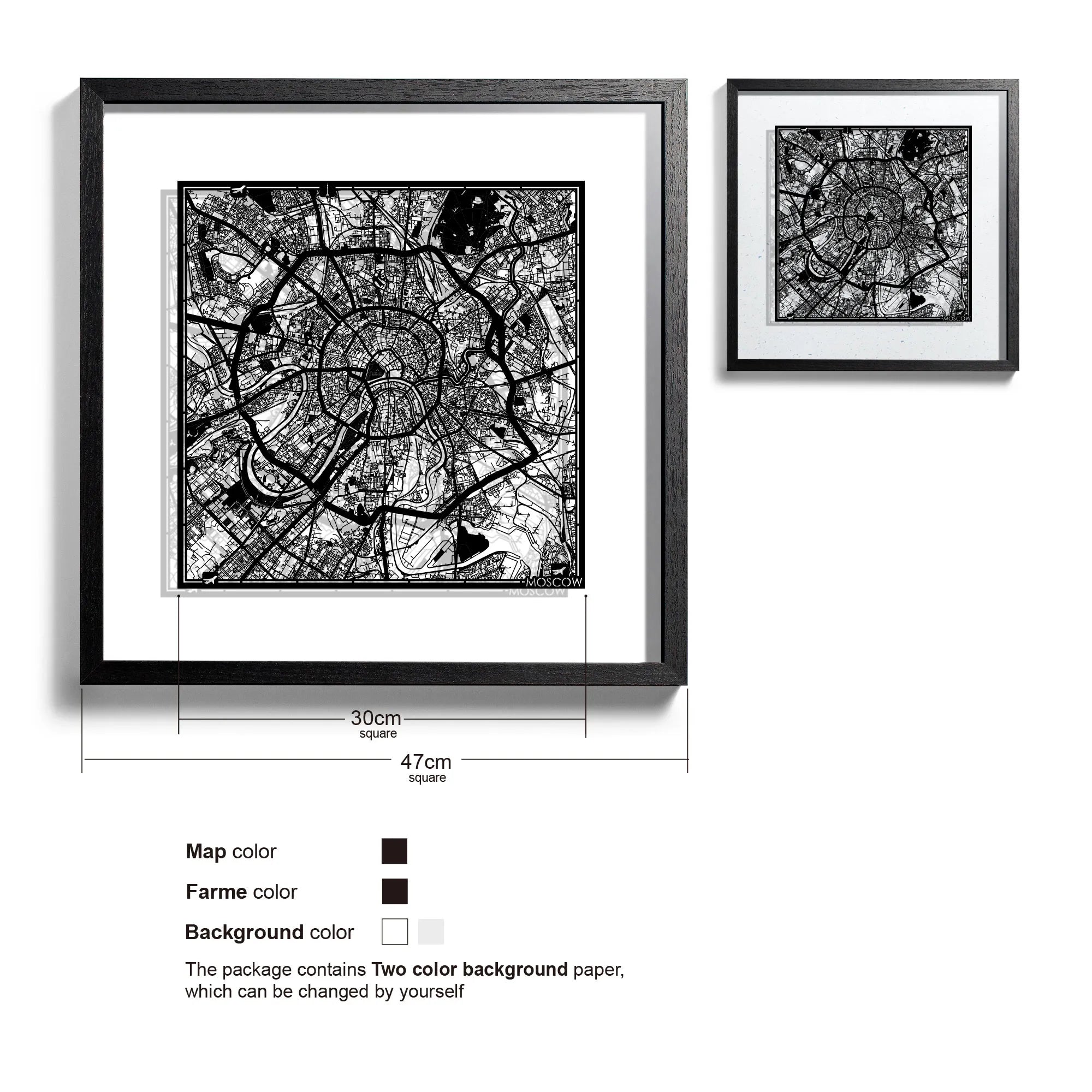 o3designstudio-Moscow-Paper-cut-map-framed-18-inch-Black map / Black frame-45MF3010BB