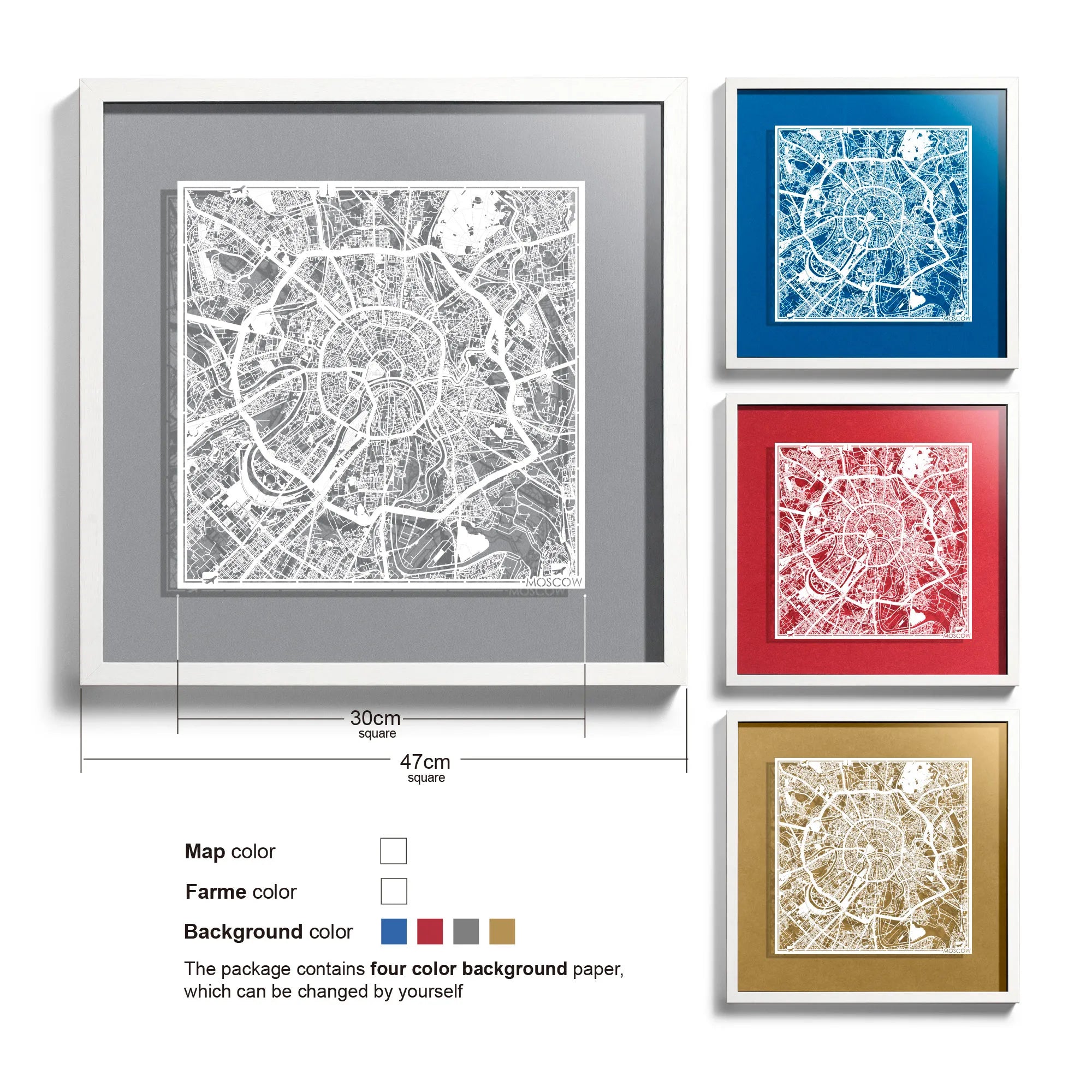 o3designstudio-Moscow-Paper-cut-map-framed-18-inch-White map / White frame-45MF3010WW