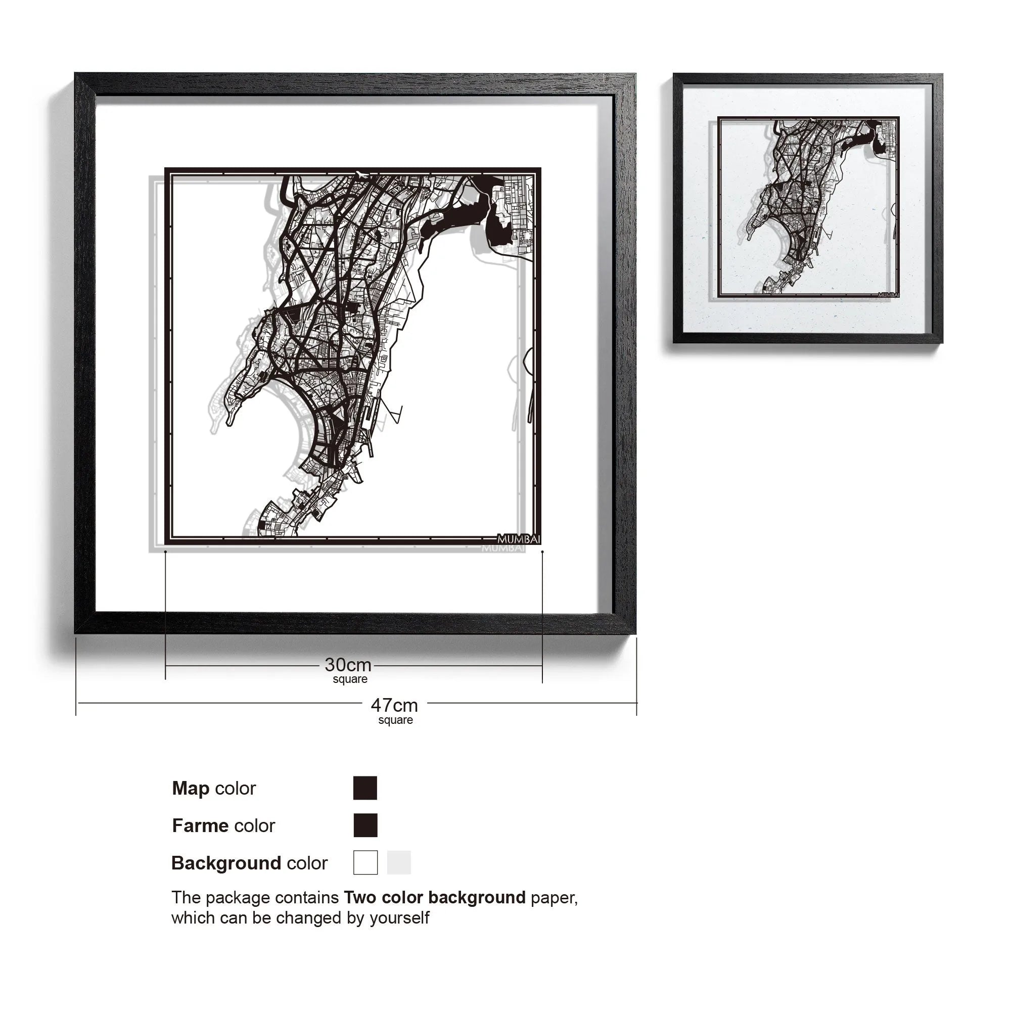 o3designstudio-Mumbai-Paper-cut-map-framed-18-inch-Black map / Black frame-45MF1043BB