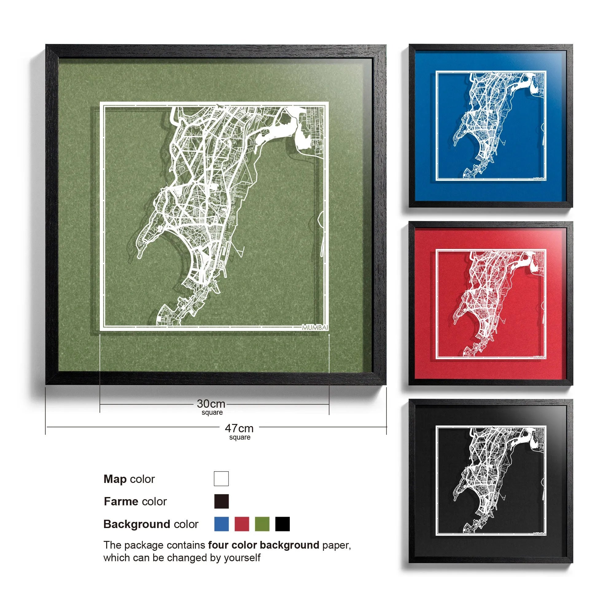 o3designstudio-Mumbai-Paper-cut-map-framed-18-inch-White map / Black frame-45MF1043BW