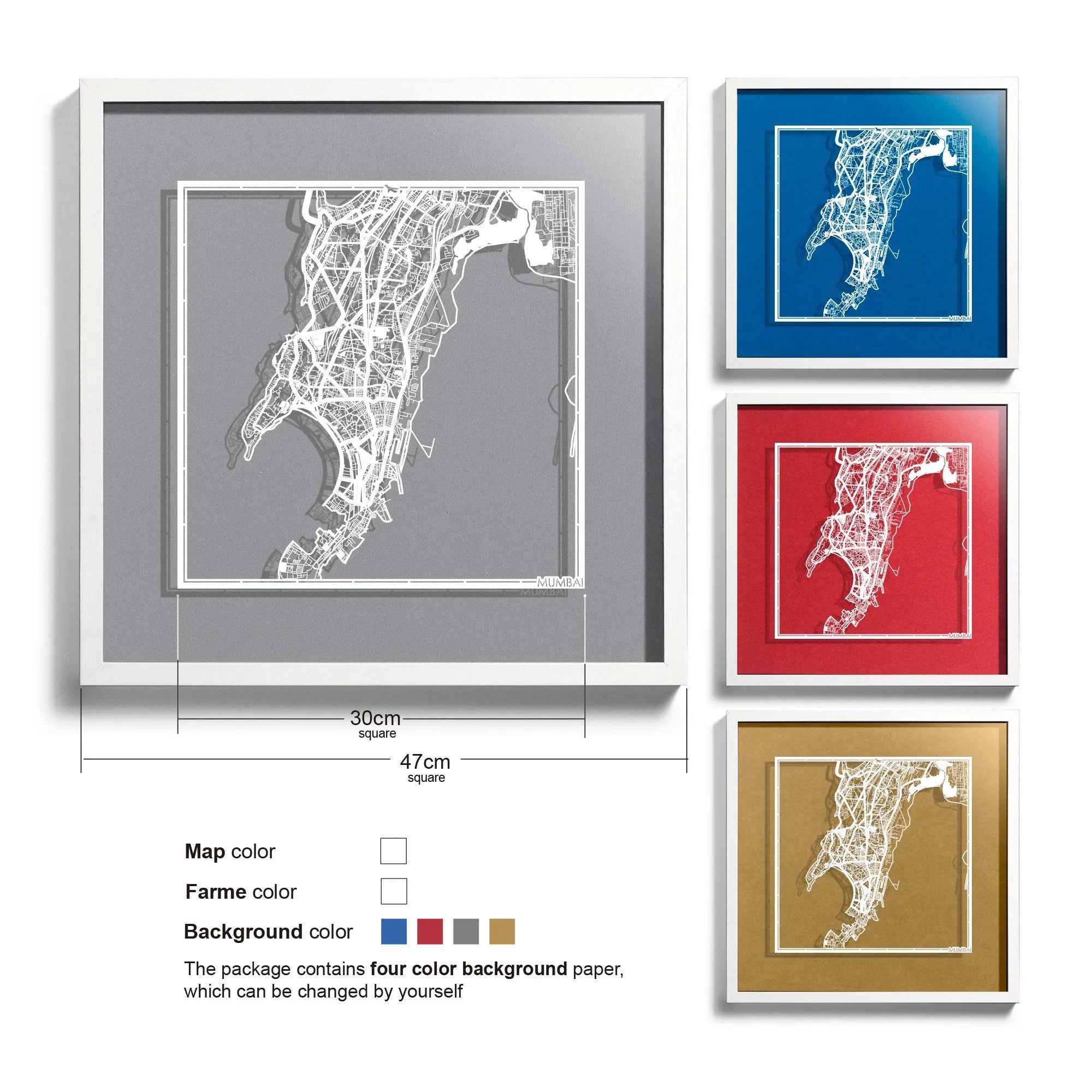 o3designstudio-Mumbai-Paper-cut-map-framed-18-inch-White map / White frame-45MF1043WW