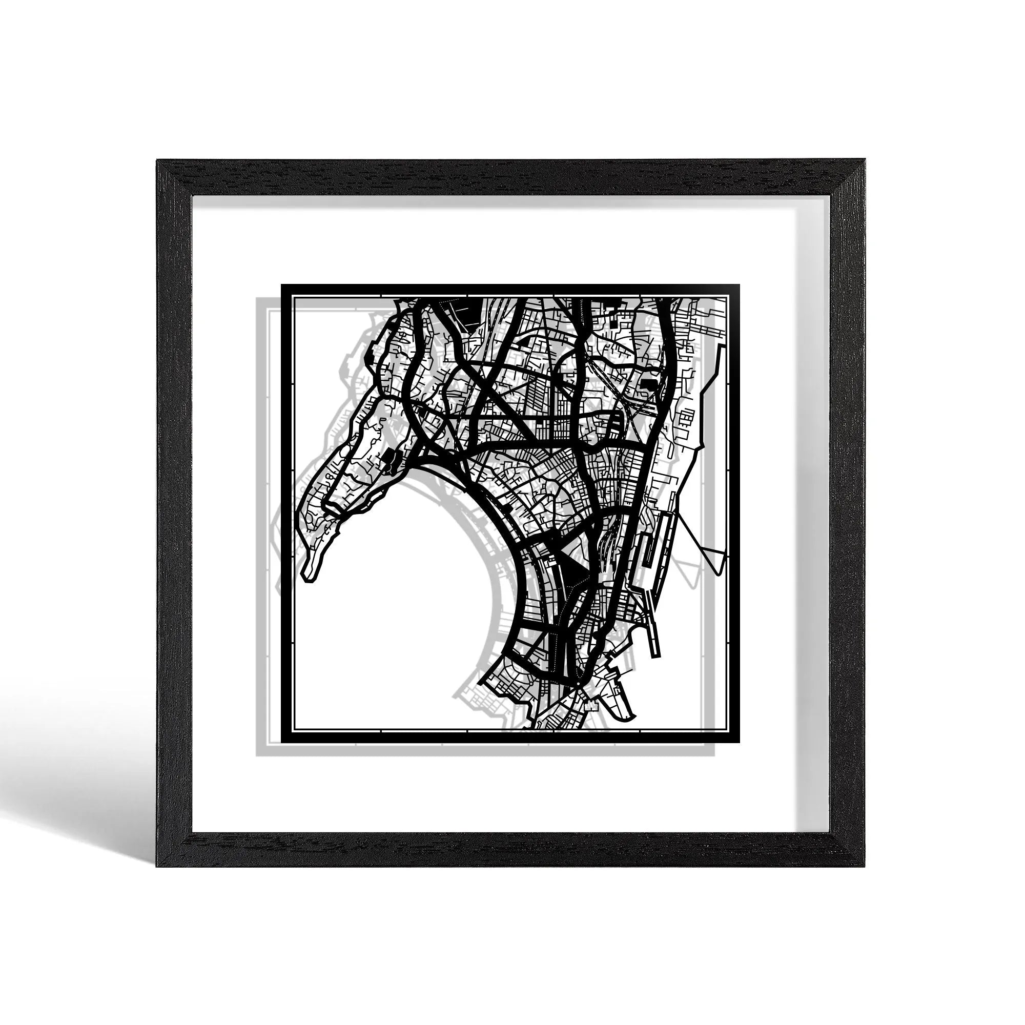 o3designstudio Mumbai Paper cut map framed 9 inch White map Black frame map art 22MF1043BW