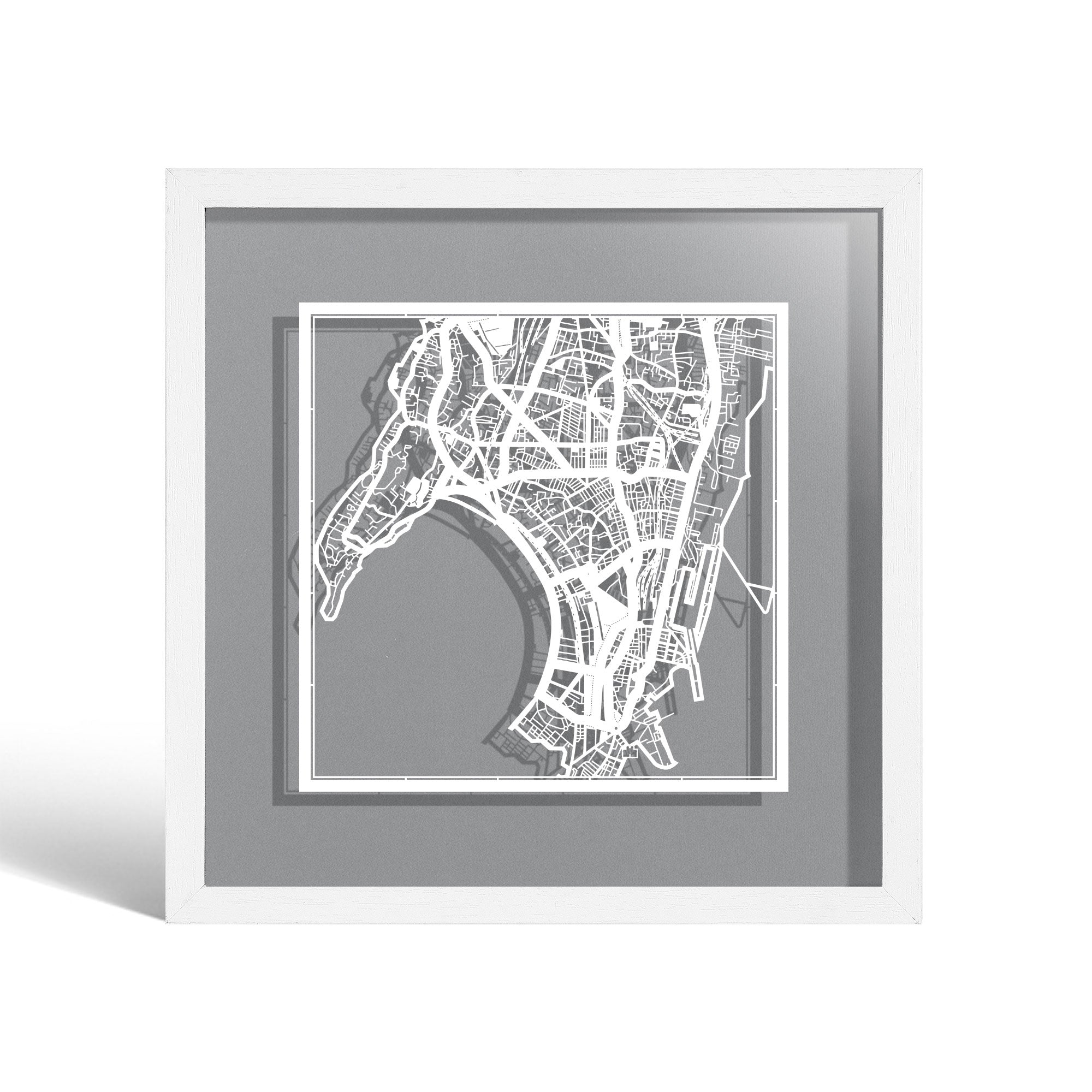 o3designstudio Mumbai Paper cut map framed 9 inch White map White frame map art 22MF1043WW