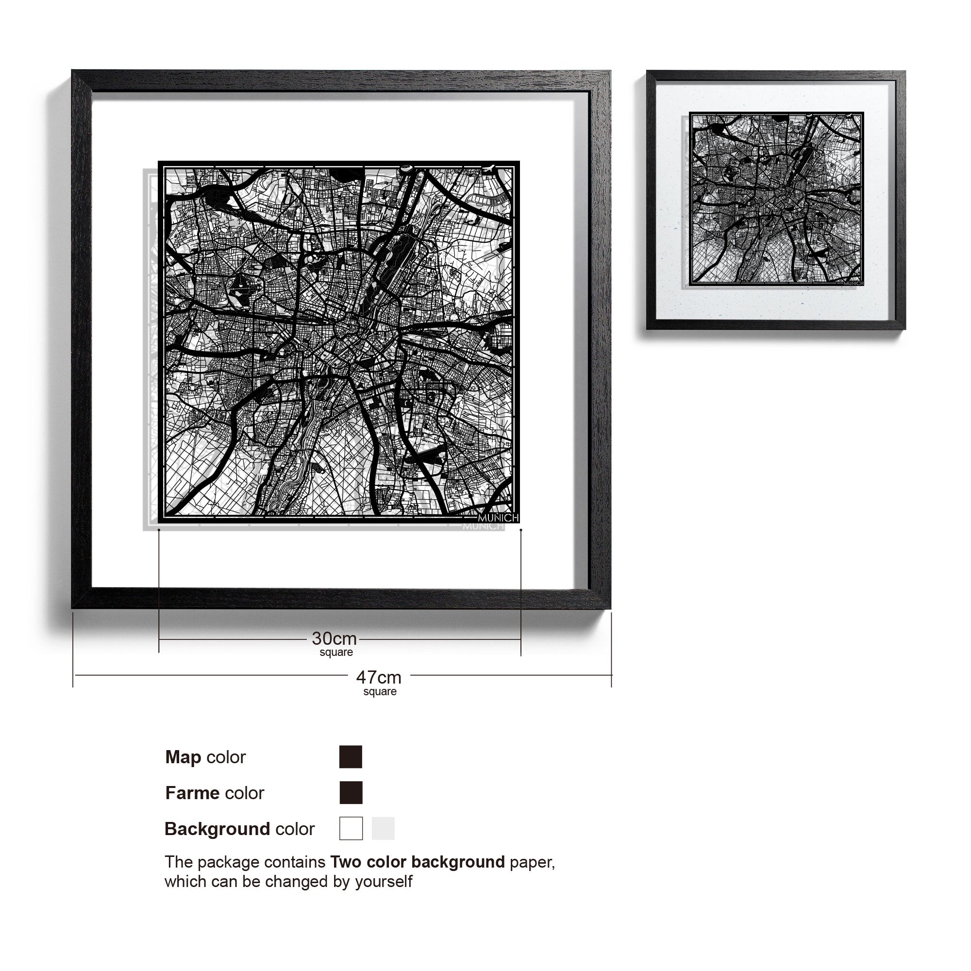 o3designstudio-Munich-Paper-cut-map-framed-18-inch-Black map Black frame-45MF3017BB