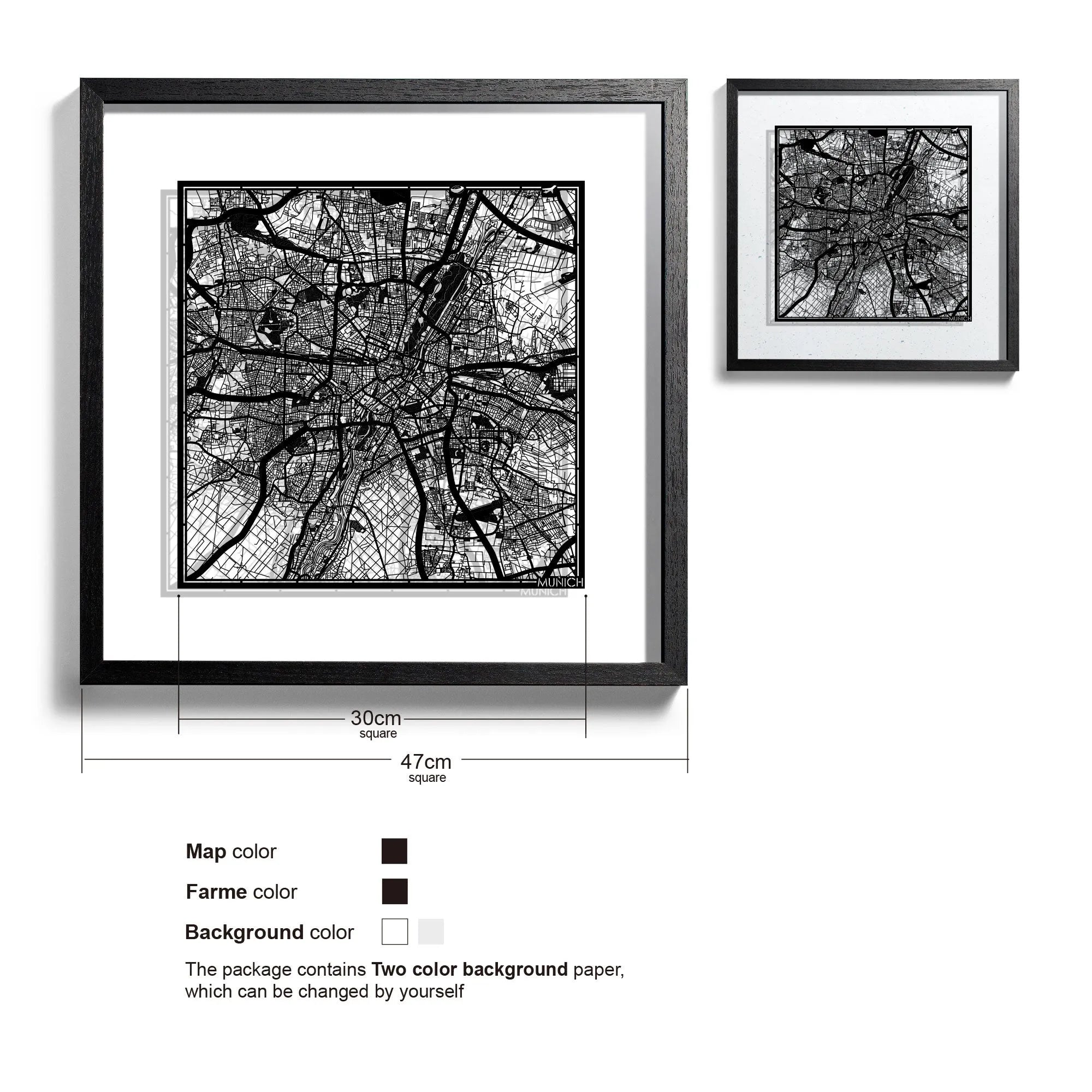 o3designstudio-Munich-Paper-cut-map-framed-18-inch-Black map Black frame-45MF3017BB