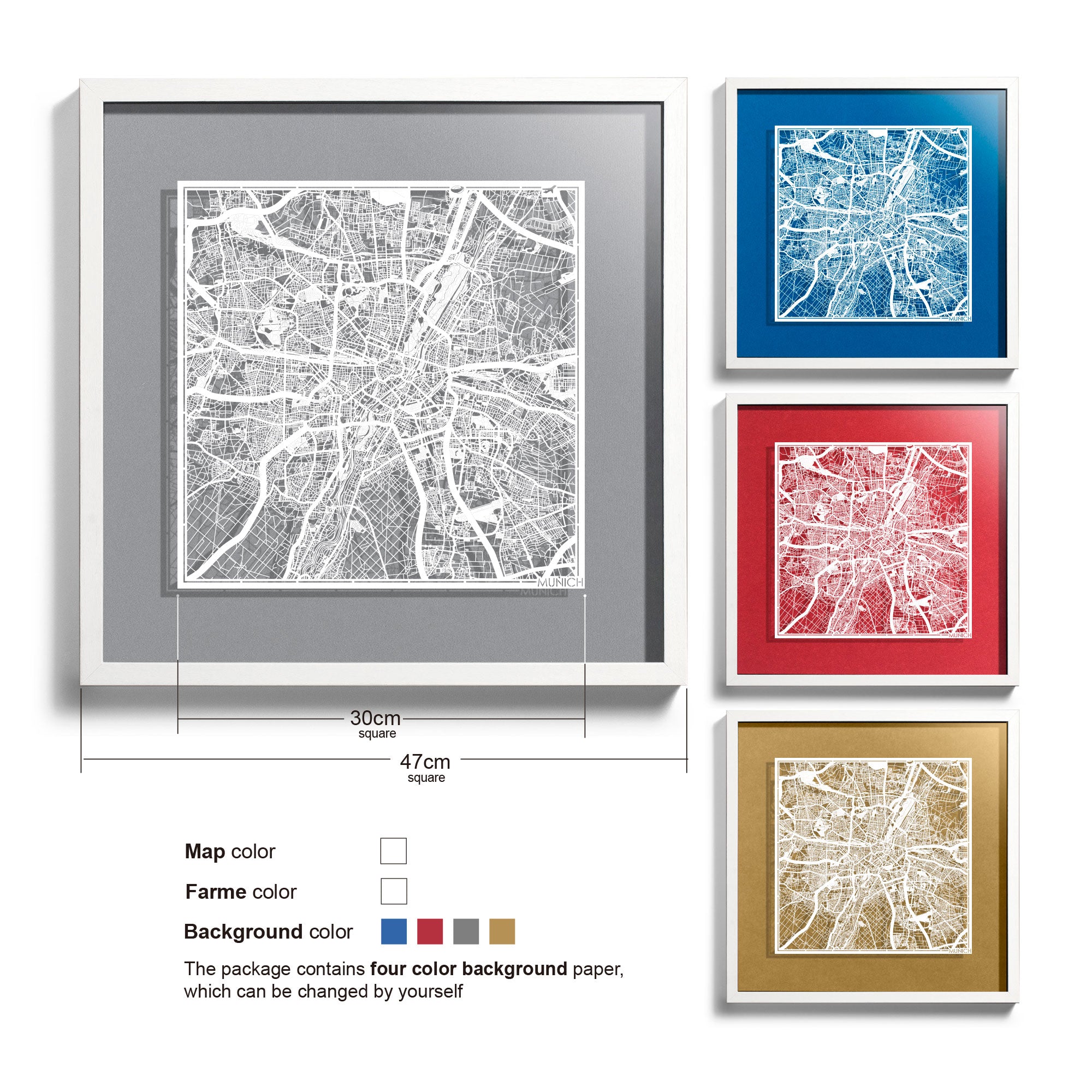 o3designstudio-Munich-Paper-cut-map-framed-18-inch-White map White frame-45MF3017WW
