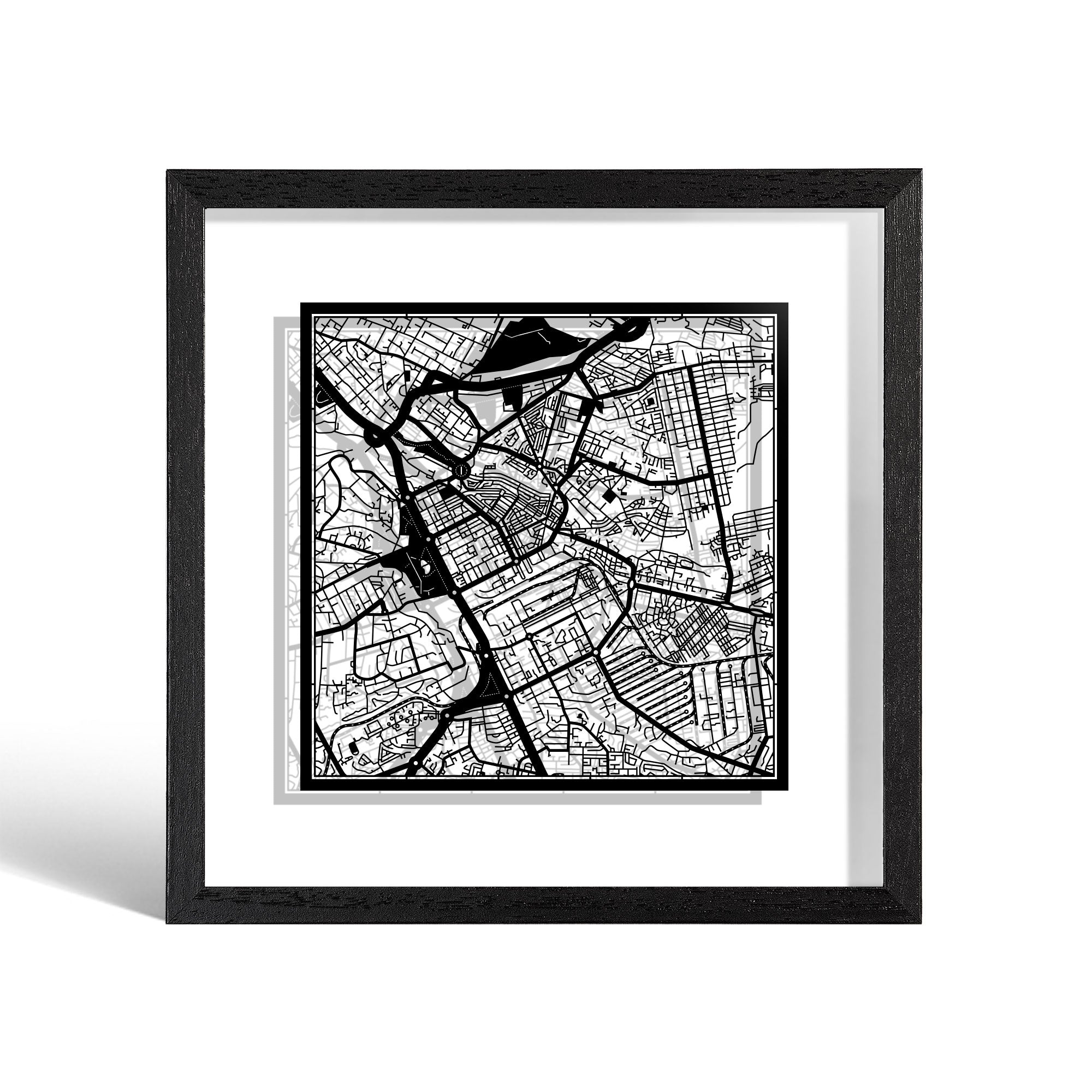 o3designstudio Nairobi Paper cut map framed 9 inch Black map Black frame map art 22MF4004BB