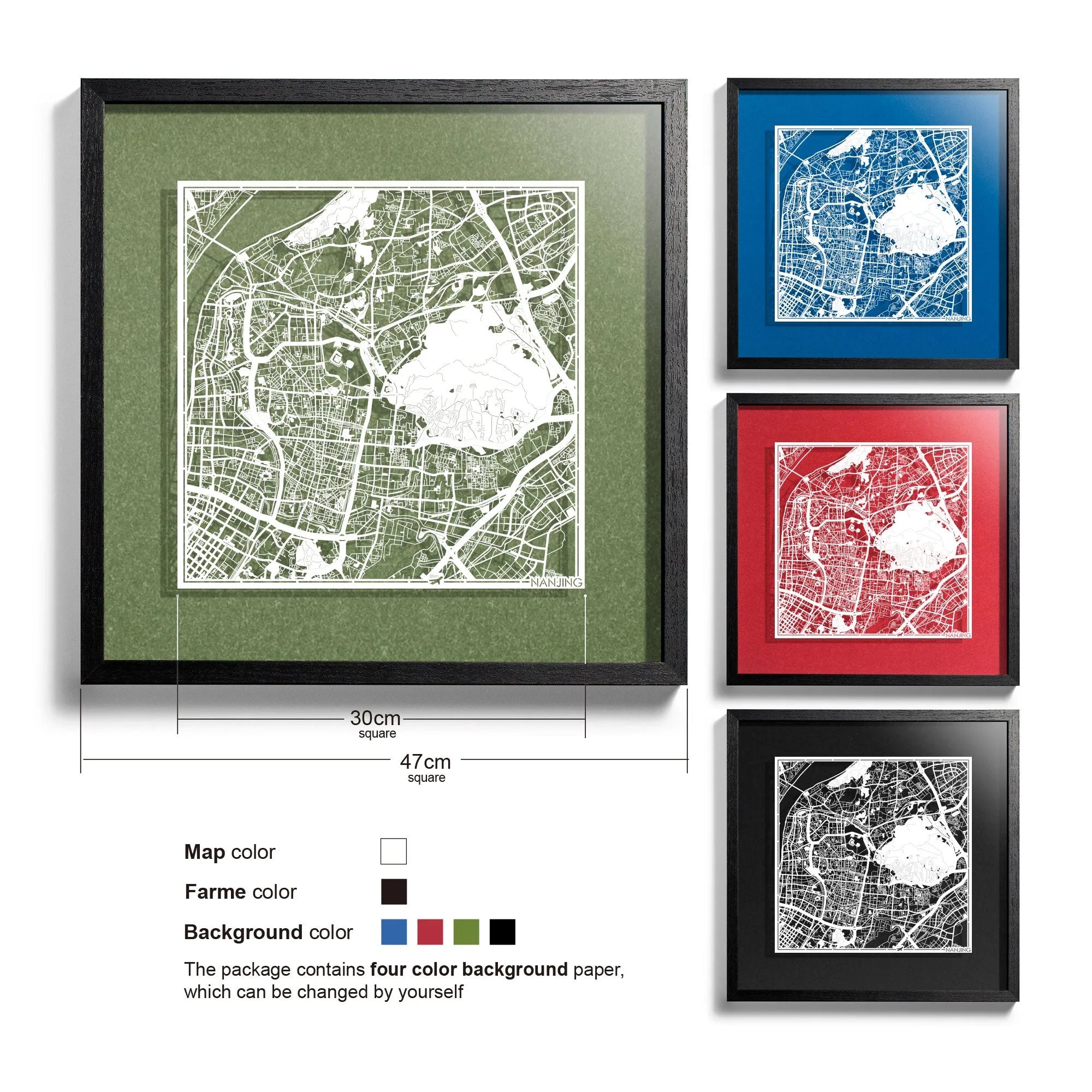 o3designstudio-Nanjing-Paper-cut-map-framed-18-inch-White map Black frame- 45MF1036BW