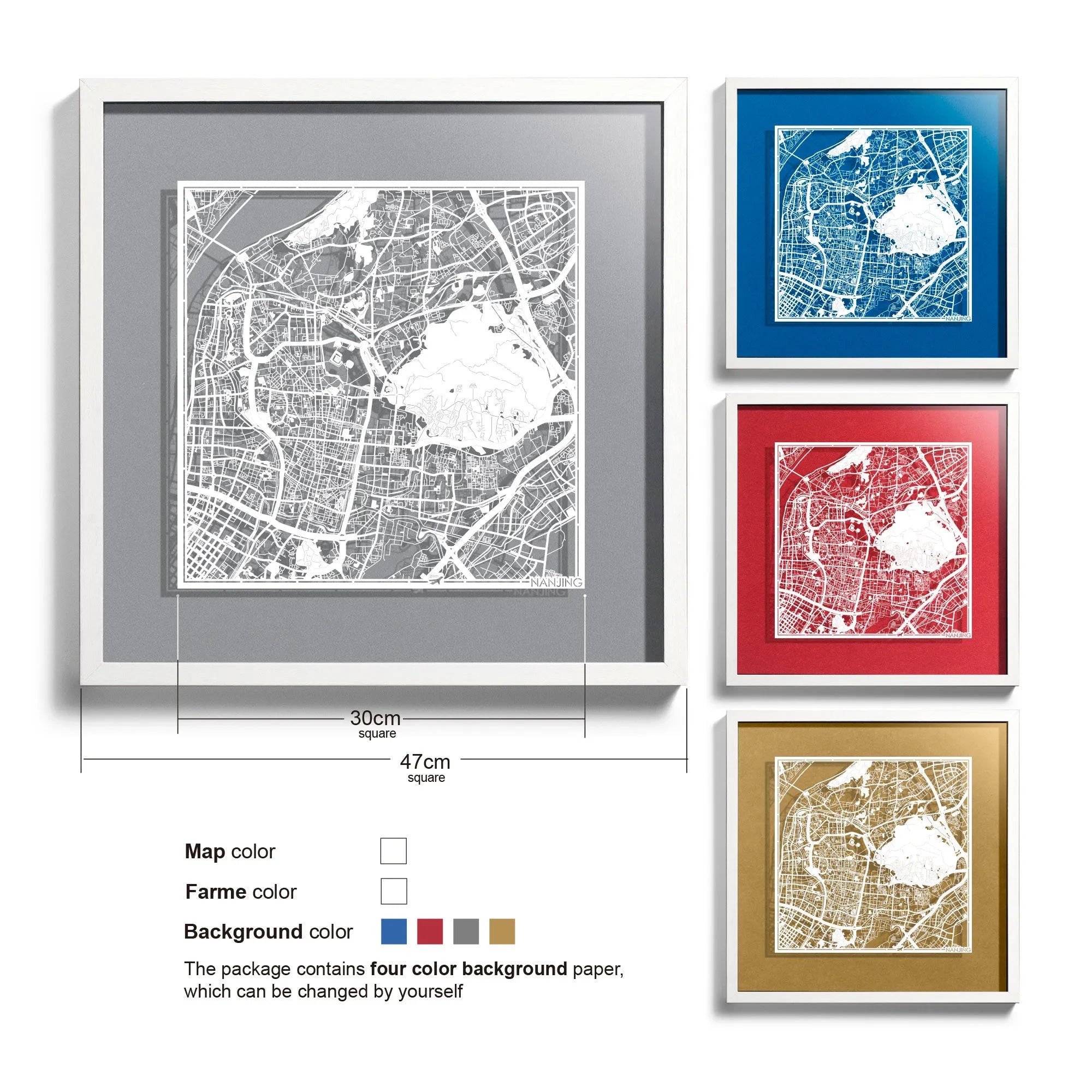 o3designstudio-Nanjing-Paper-cut-map-framed-18-inch-White map White frame- 45MF1036WW