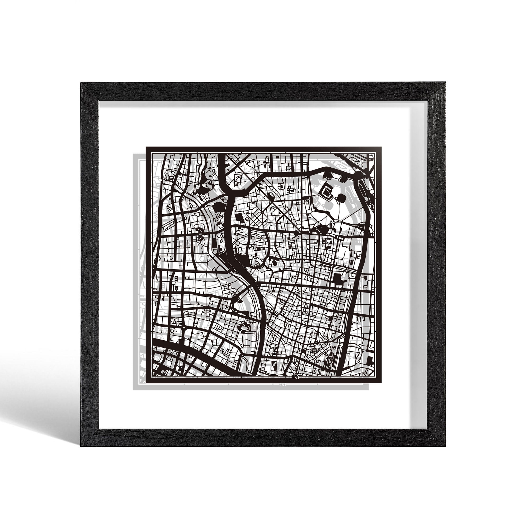 o3designstudio Nanjing Paper cut map framed 9 inch Black map Black frame map art 22MF1036BB